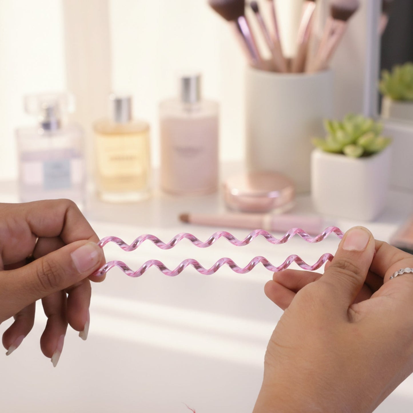 Close-up of a soft, flexible spiral coil hair band texture