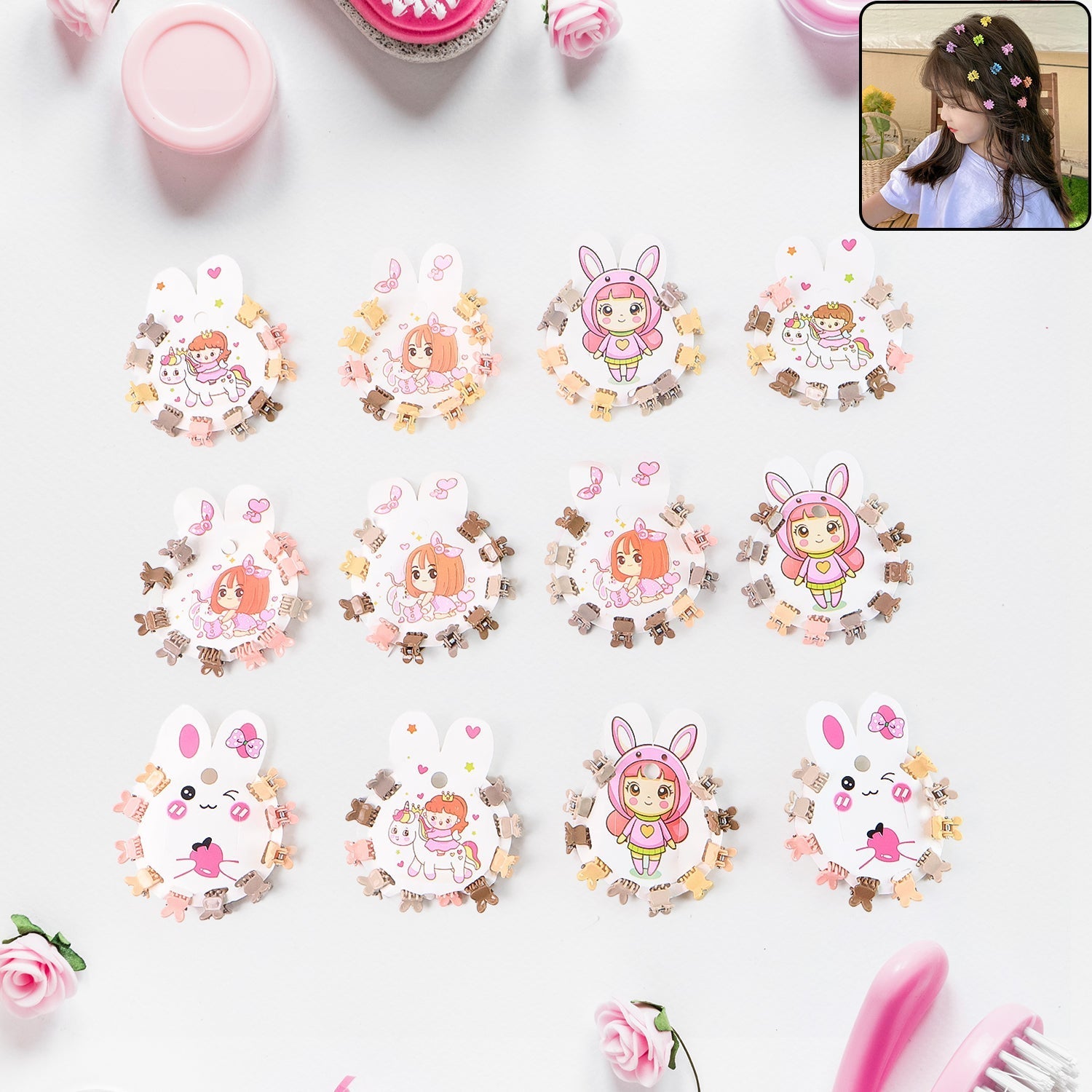 Set of 120 pastel bear-shaped mini claw hair clips displayed on colorful cards.
