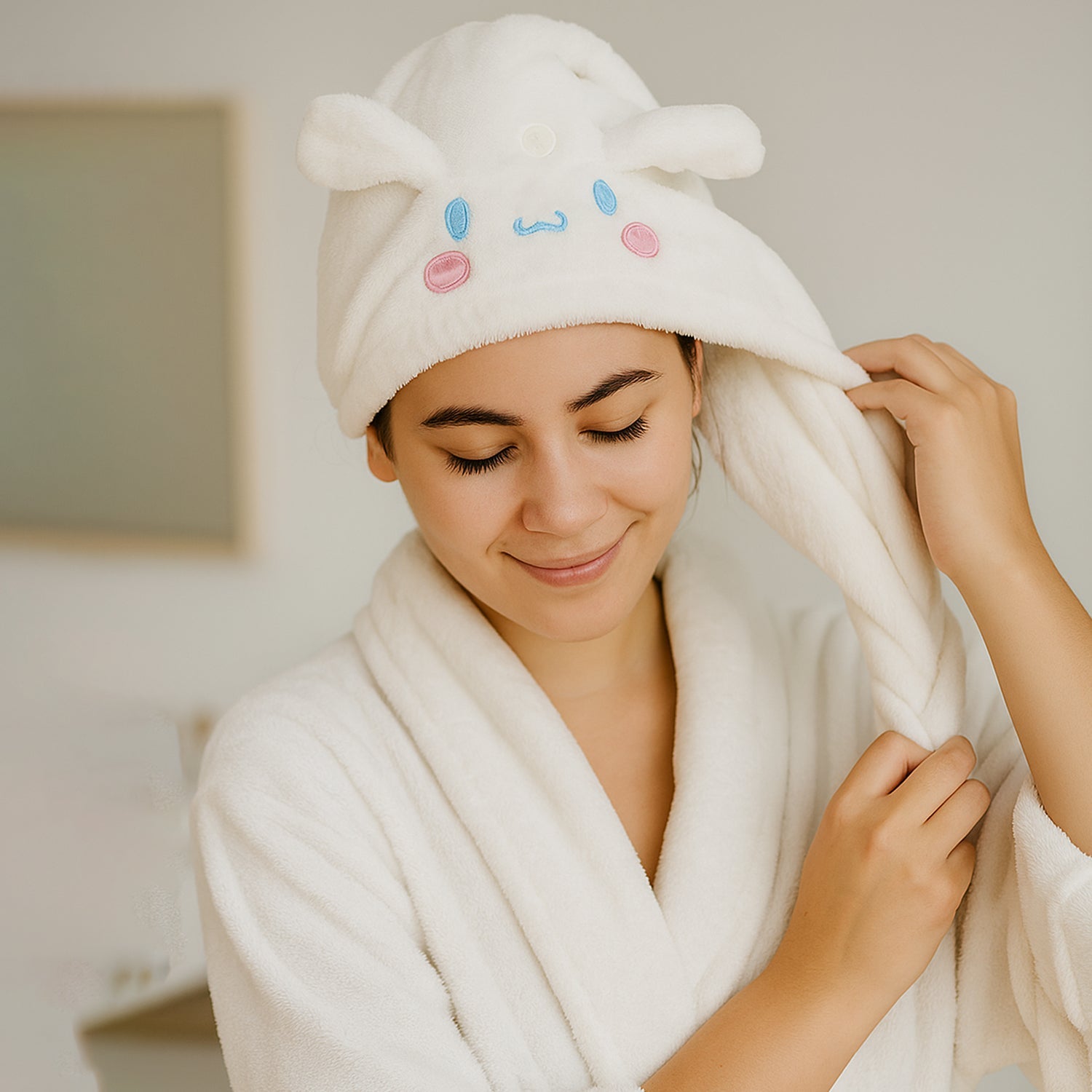 Button and loop closure detail on microfiber hair drying towel wrap