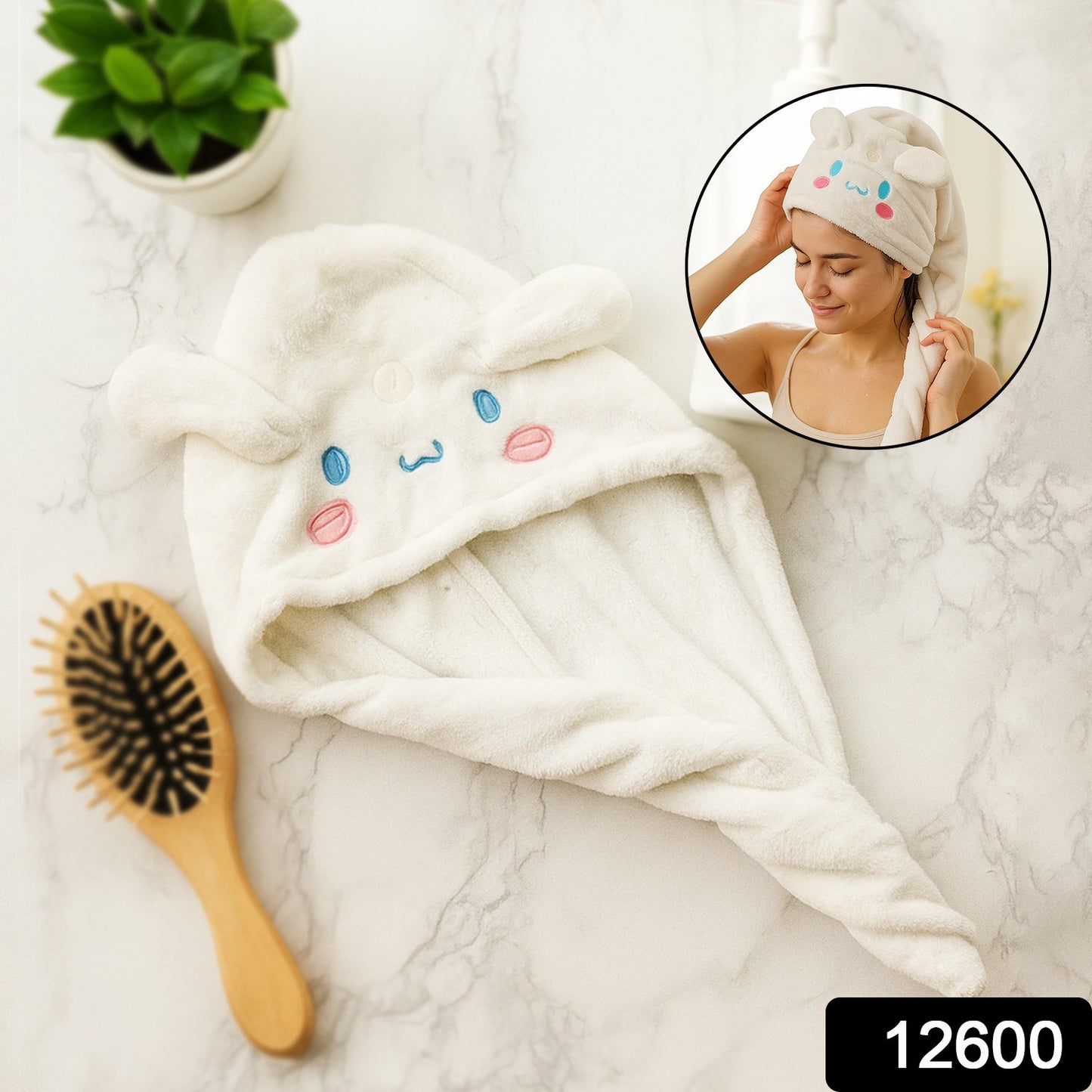 Soft microfiber hair towel wrap with cute cartoon design secured around head