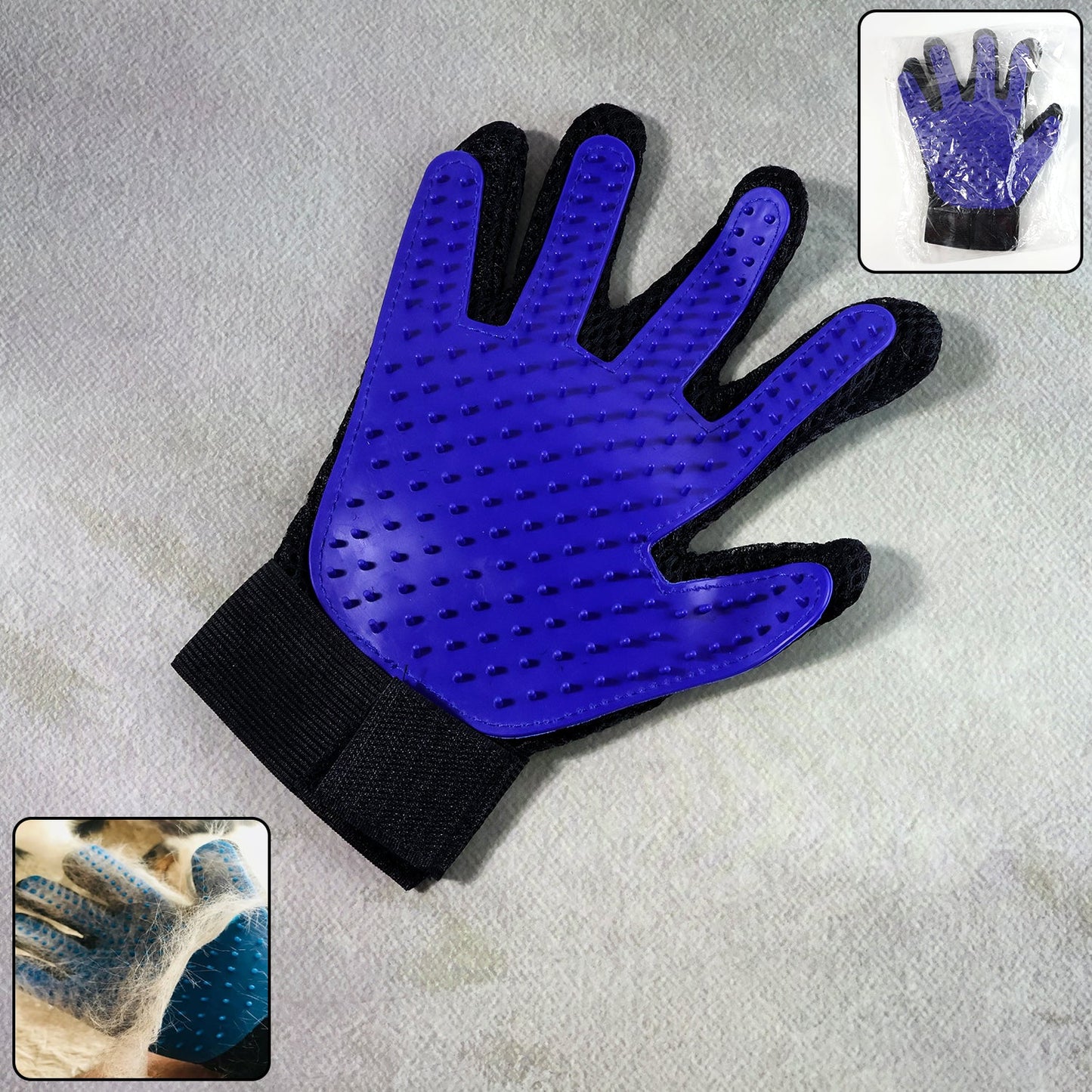 A five-finger pet deshedding glove with silicone tips, ready for grooming.