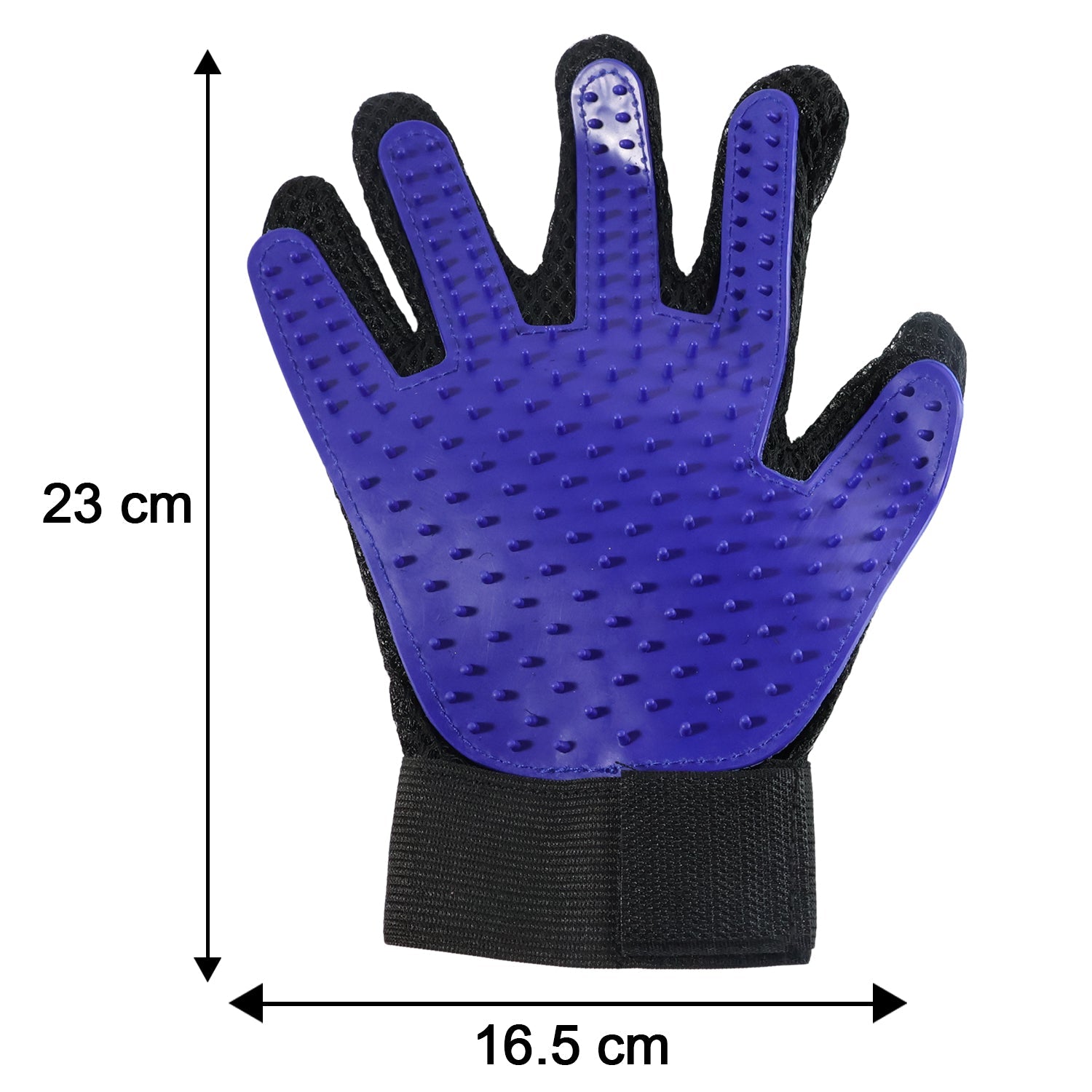 Infographic showing the dimensions and key features of the deshedding glove.