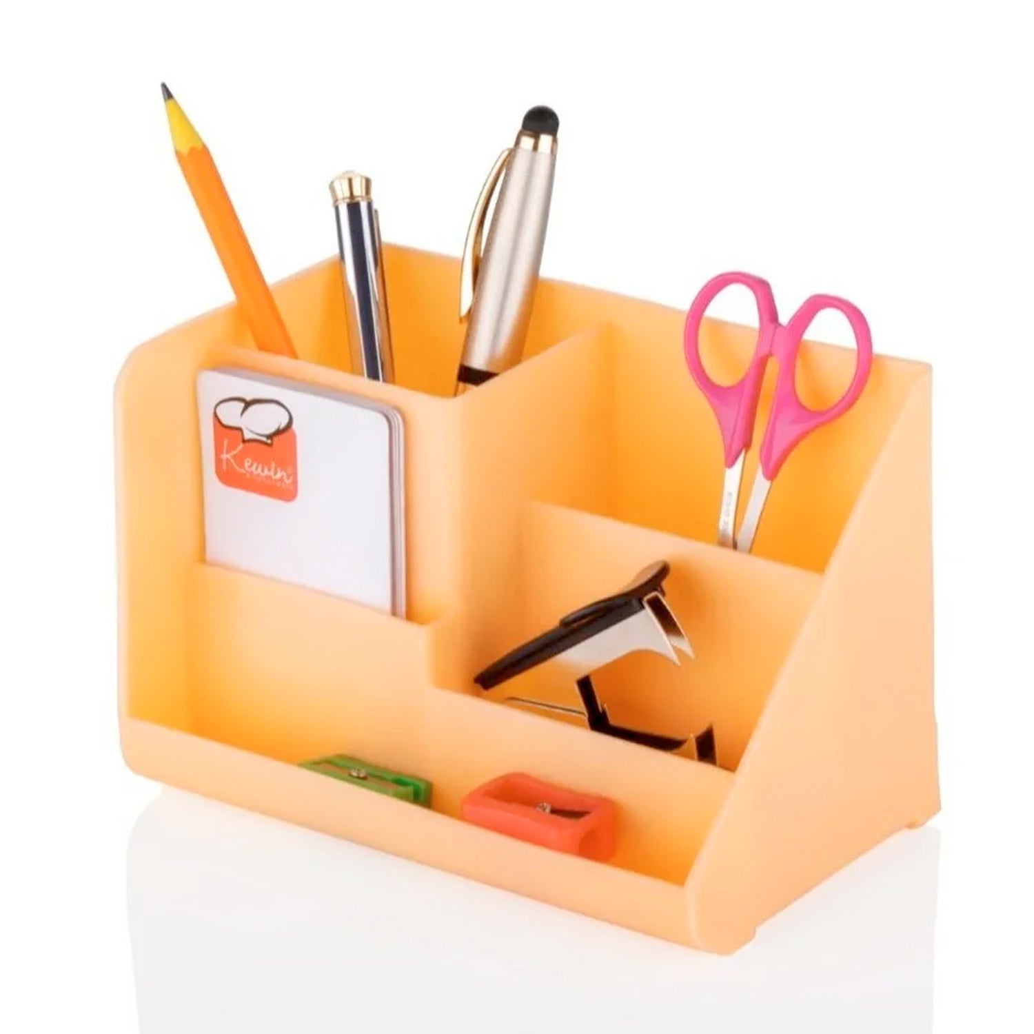 Top-down view of the desk organizer showcasing its various compartments.