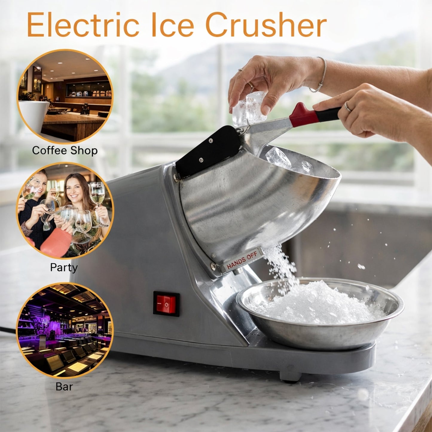 Electric snow cone ice crusher operating for beverages