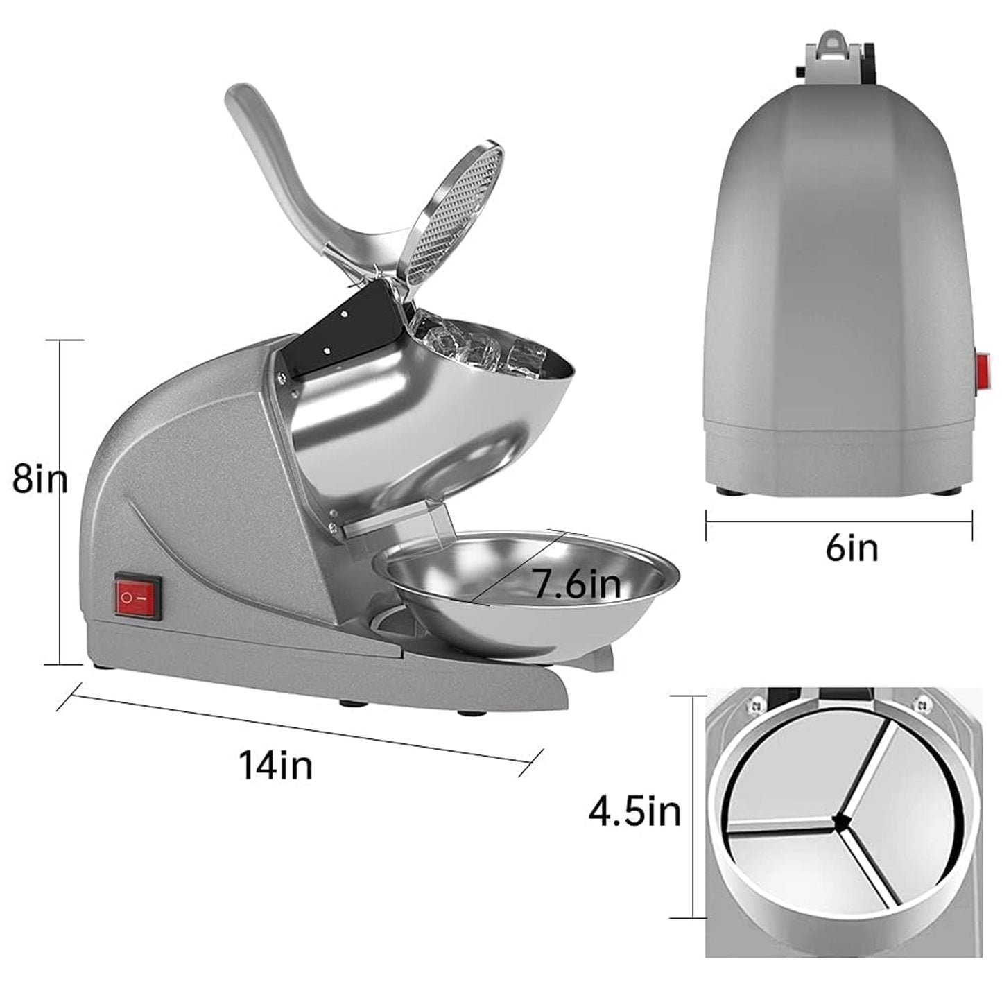 Dimensions diagram of electric ice crusher with size details