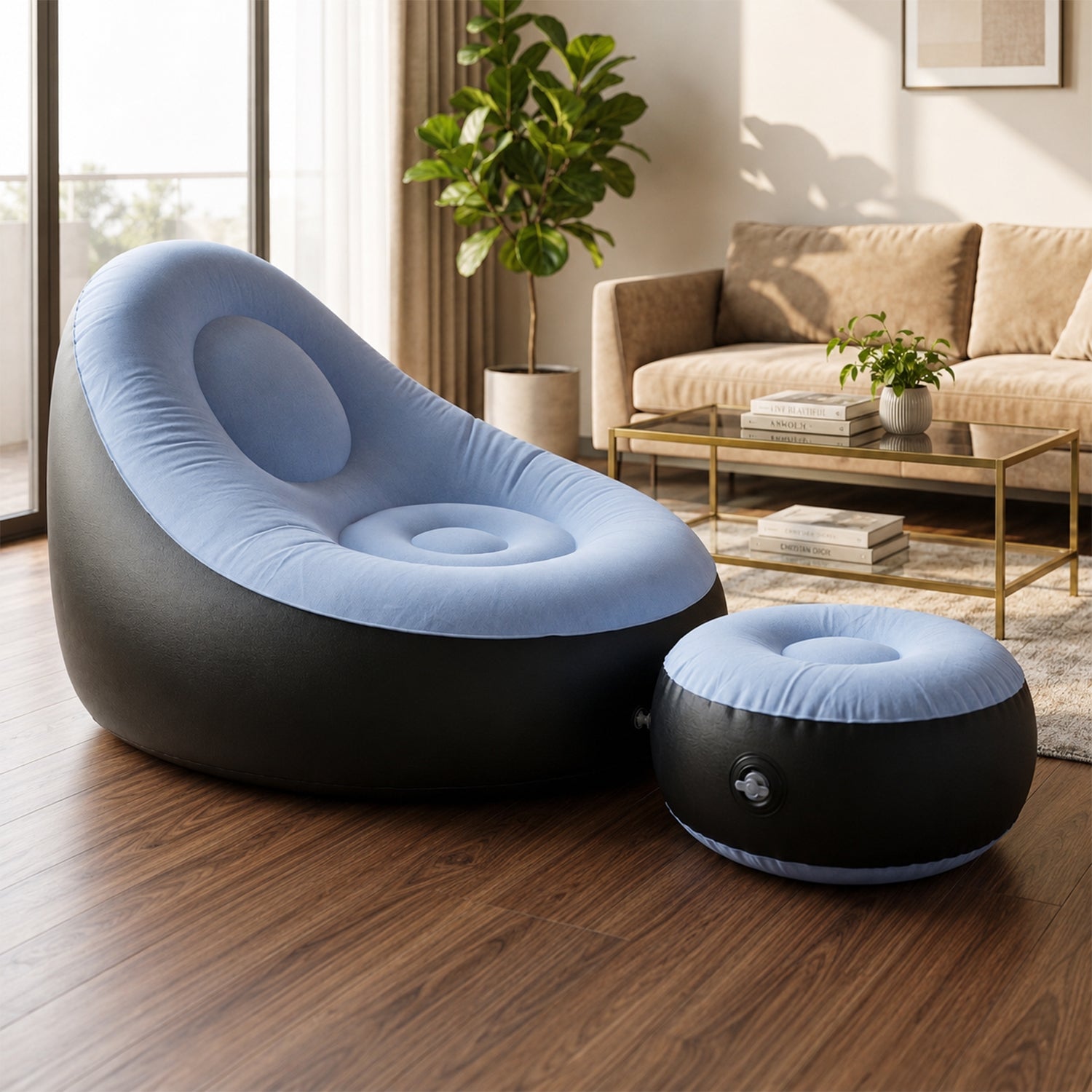 Inflatable sofa chair with footstool and pump set for outdoor use