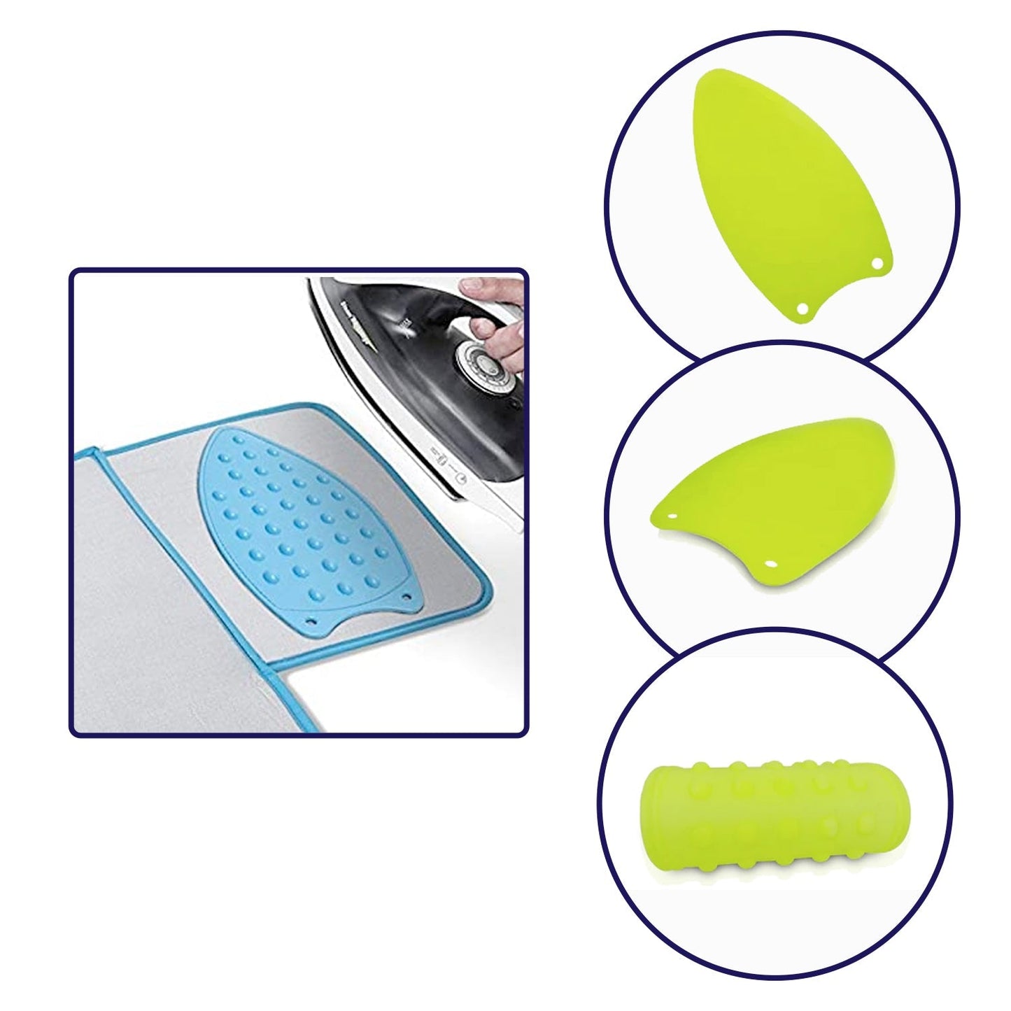 Heat Resistant Silicone Iron Mat protecting a wooden table during ironing.