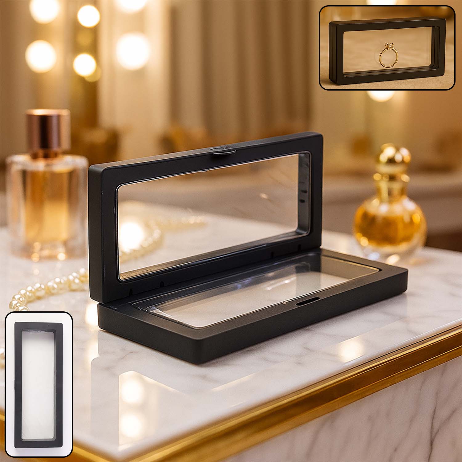 Transparent floating jewelry display box 18x7 cm holding rings showcasing 3D suspended effect