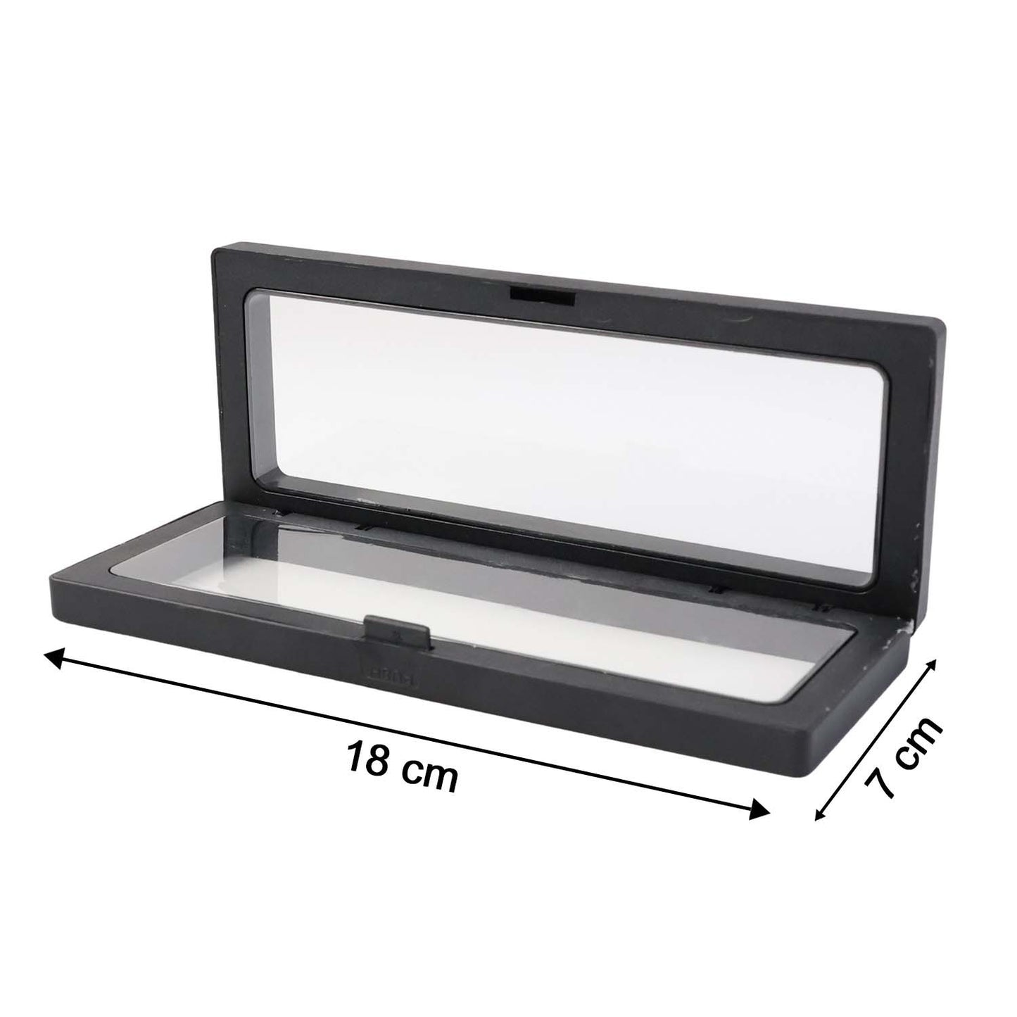 Side view of transparent floating jewelry display box 18x7 cm featuring black ABS frame