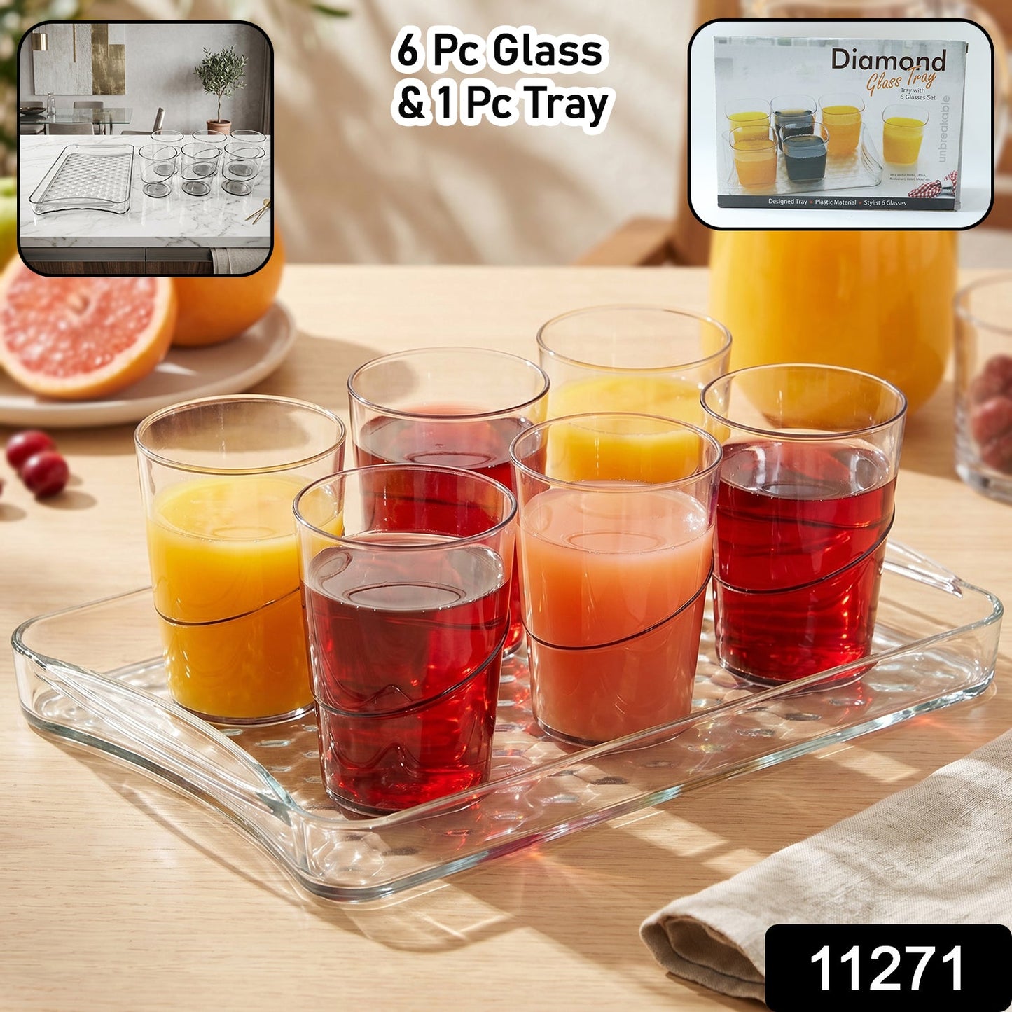 Elegant transparent glasses with serving tray for beverages