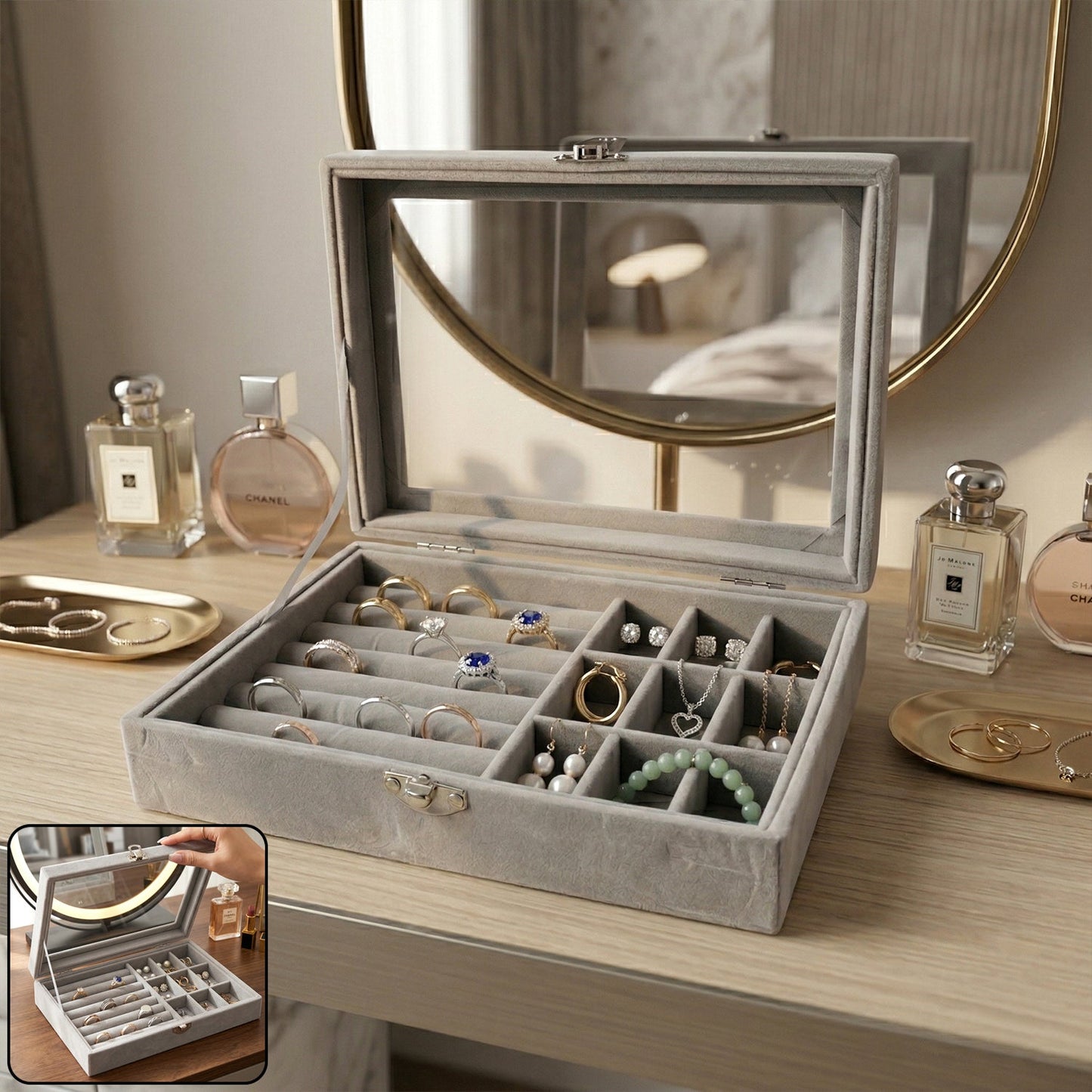 Velvet jewellery organizer box with transparent lid and multiple compartments for jewelry storage