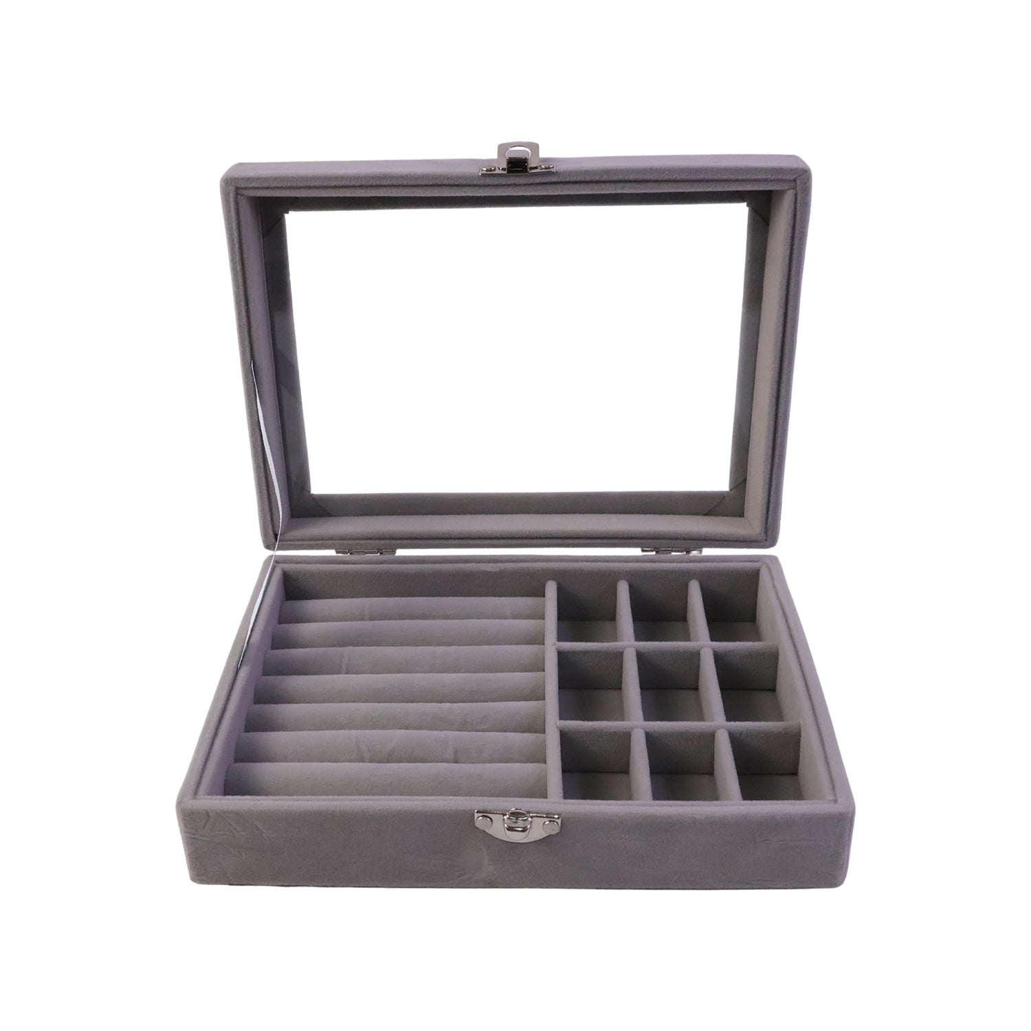 Top view of velvet jewelry organizer with transparent lid