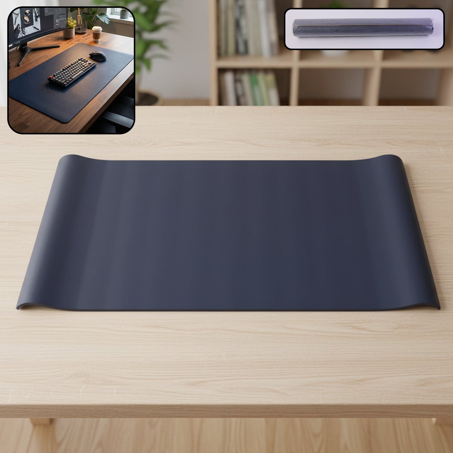 Black leather finish extended desk protector mat for office and gaming setup