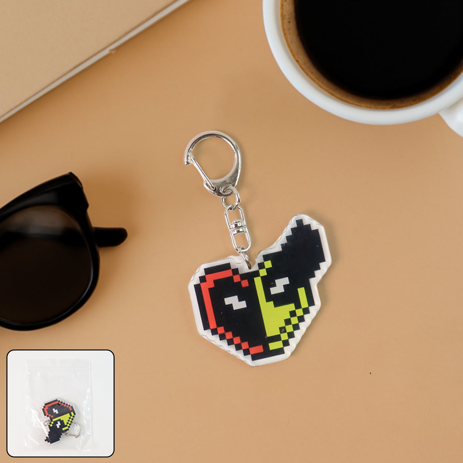 Pixel Style acrylic keychain showing retro pixel heart design with glossy finish