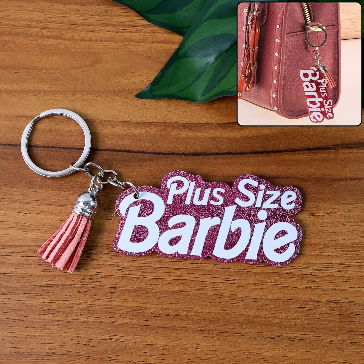 Plus Size Barbie text keychain with glitter finish and tassel charm
