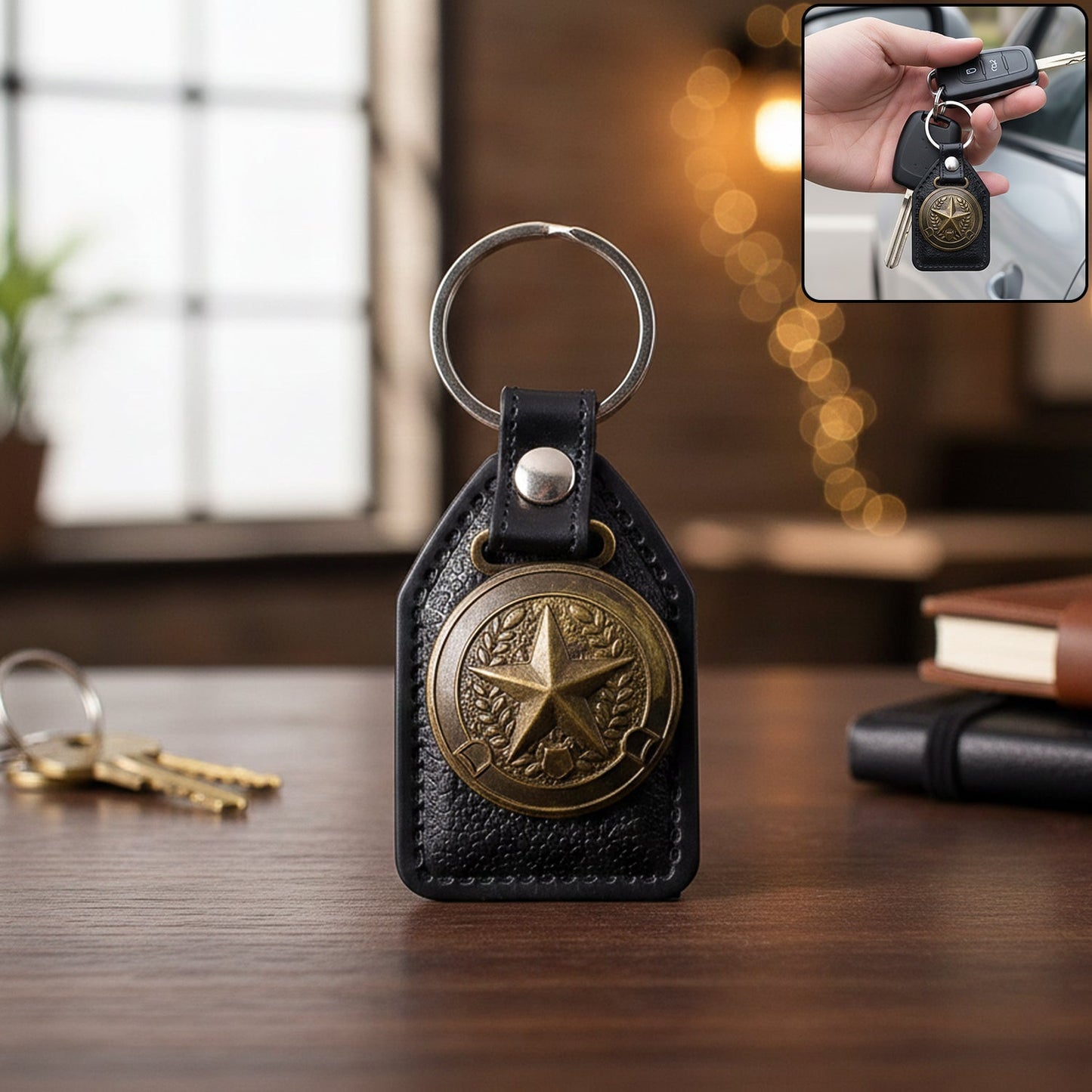 Leather finish metal star emblem keychain with strong key ring