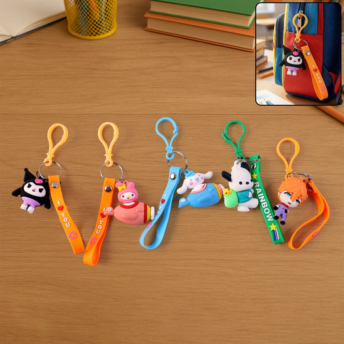 Cartoon bag charm keychain featuring durable strap and clip hook