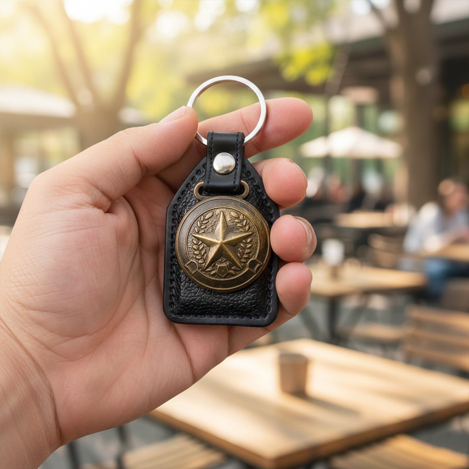 Durable decorative keychain with metal star and leather finish