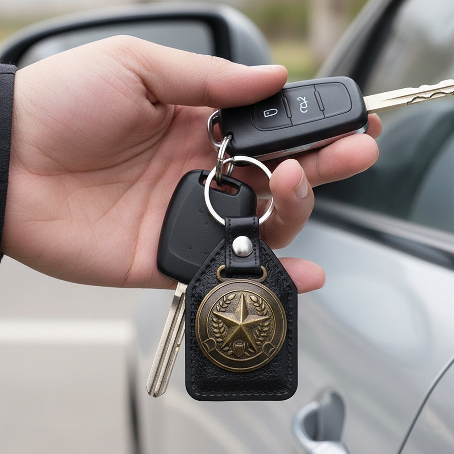 Stylish leather and metal keychain holding multiple keys