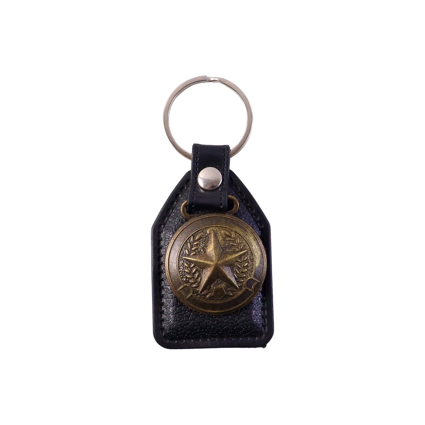 Metal star emblem keychain attached to a keyring for car keys