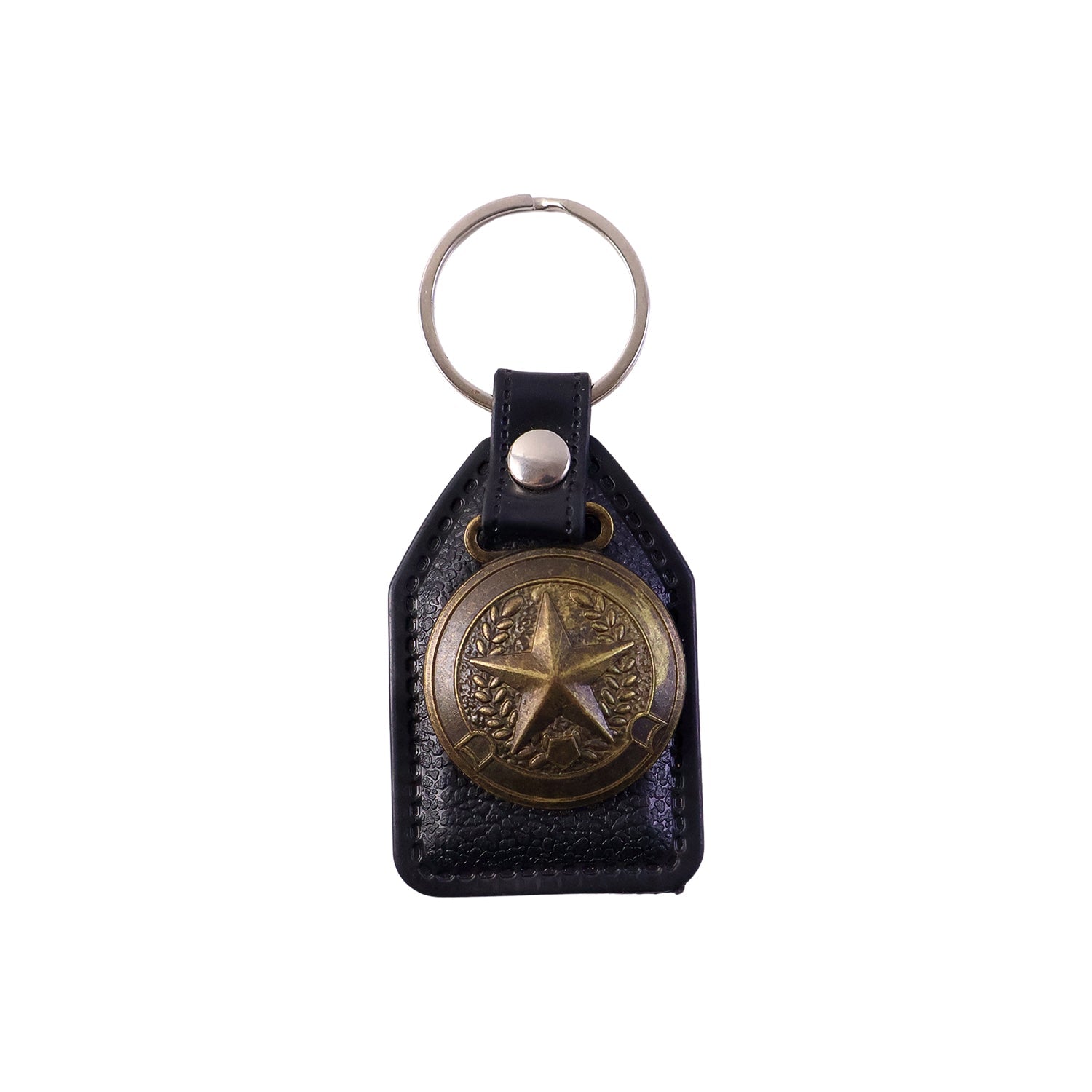 Metal star emblem keychain attached to a keyring for car keys