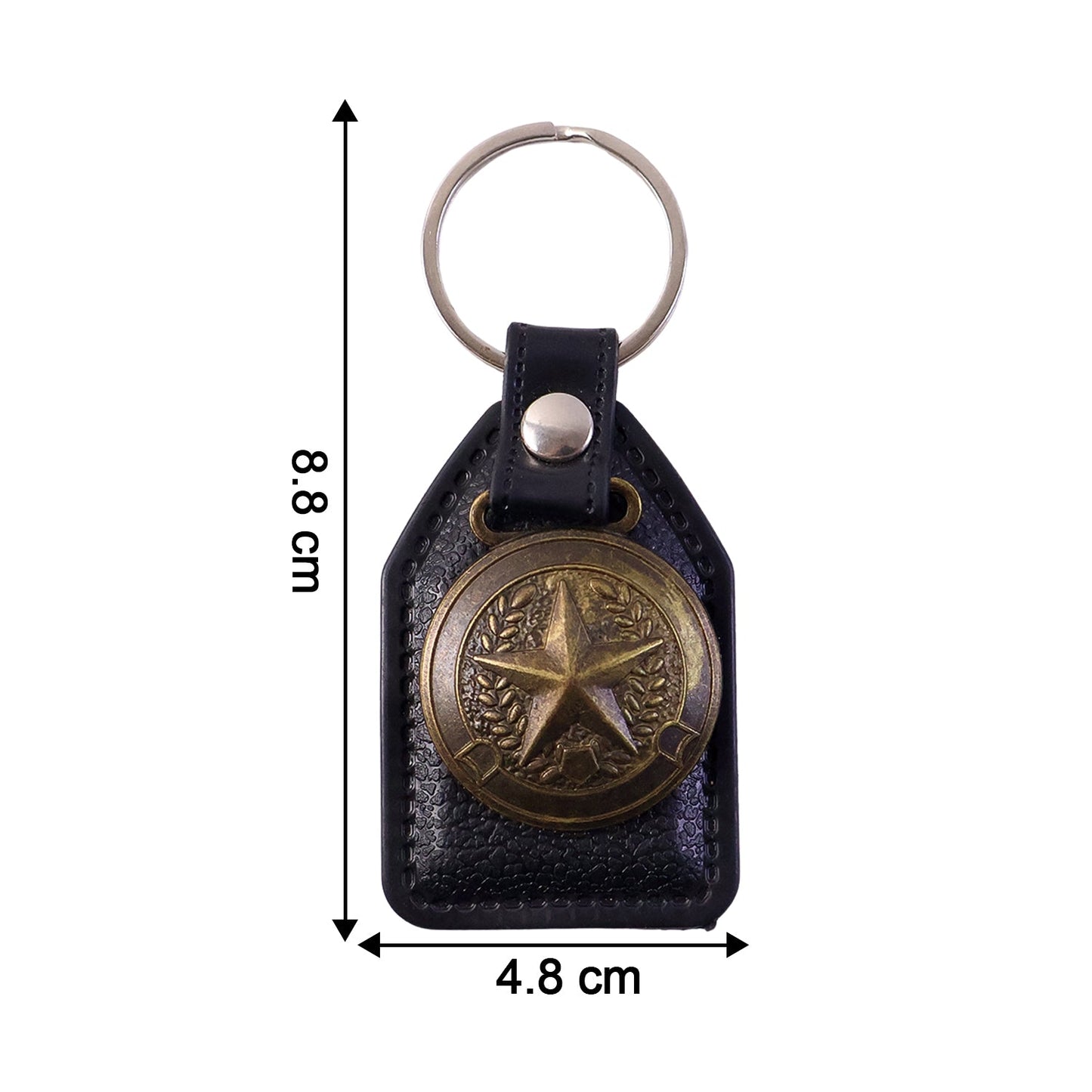 Compact leather finish keychain with metal star emblem