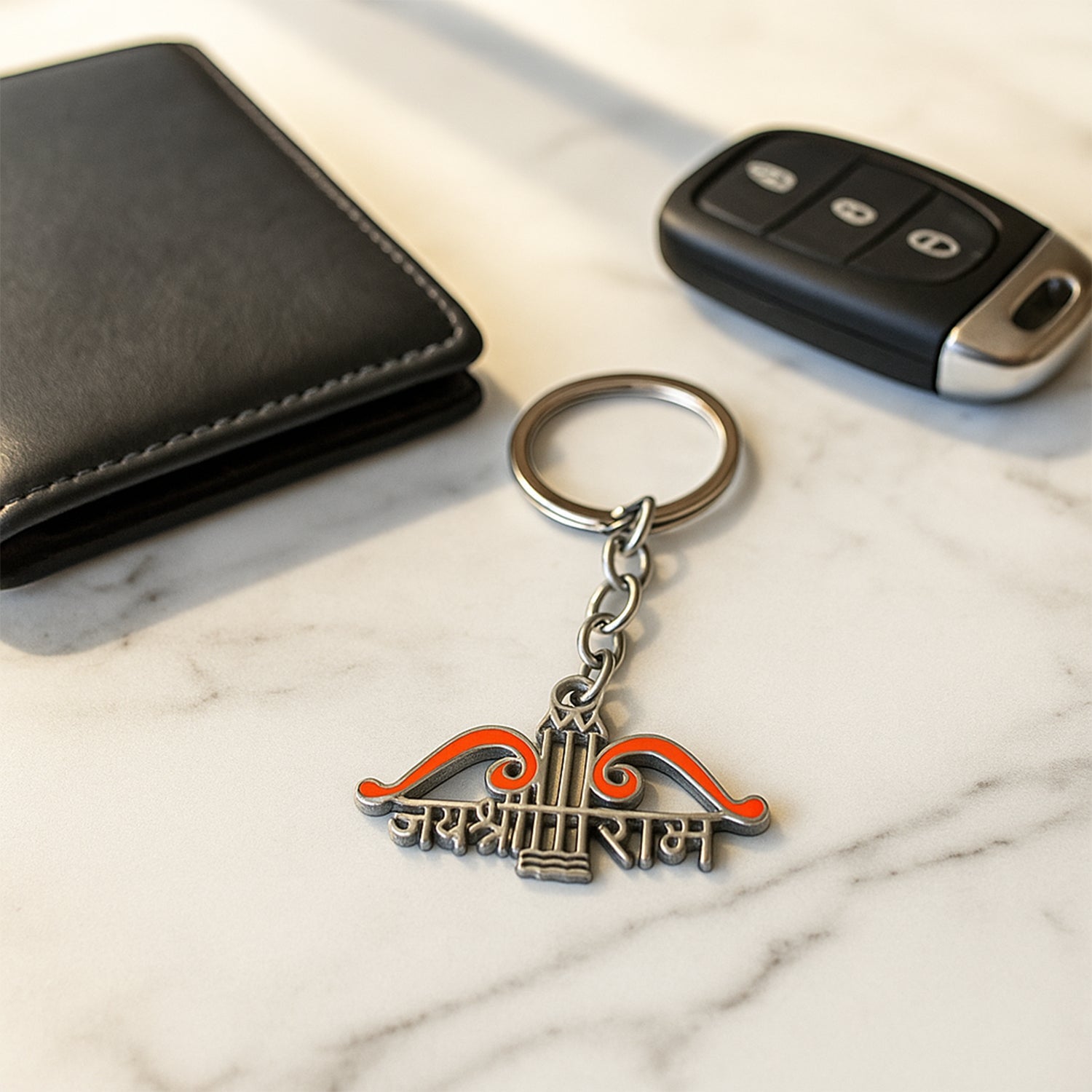 Ram Ji metal keychain showing detailed religious symbol and craftsmanship