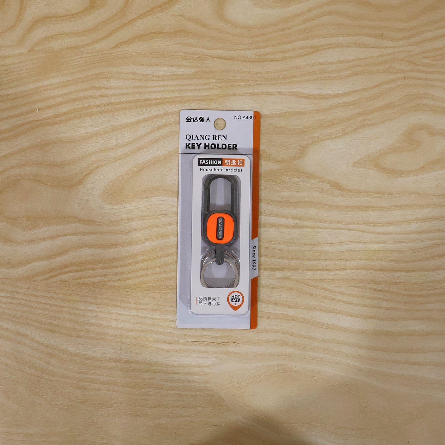 Back view of the push lock metal keychain with dual rings
