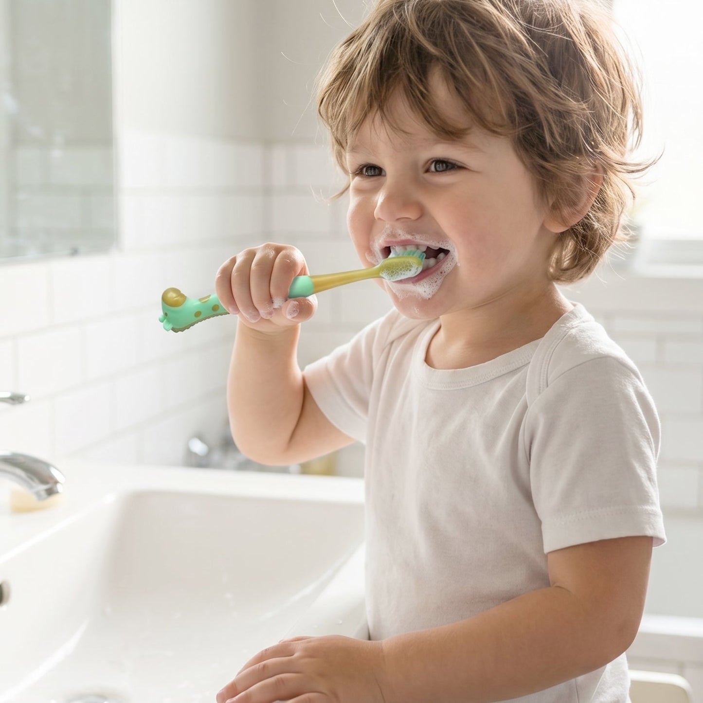 Colorful kids toothbrush featuring an animal-shaped whistle toy for engaging brushing