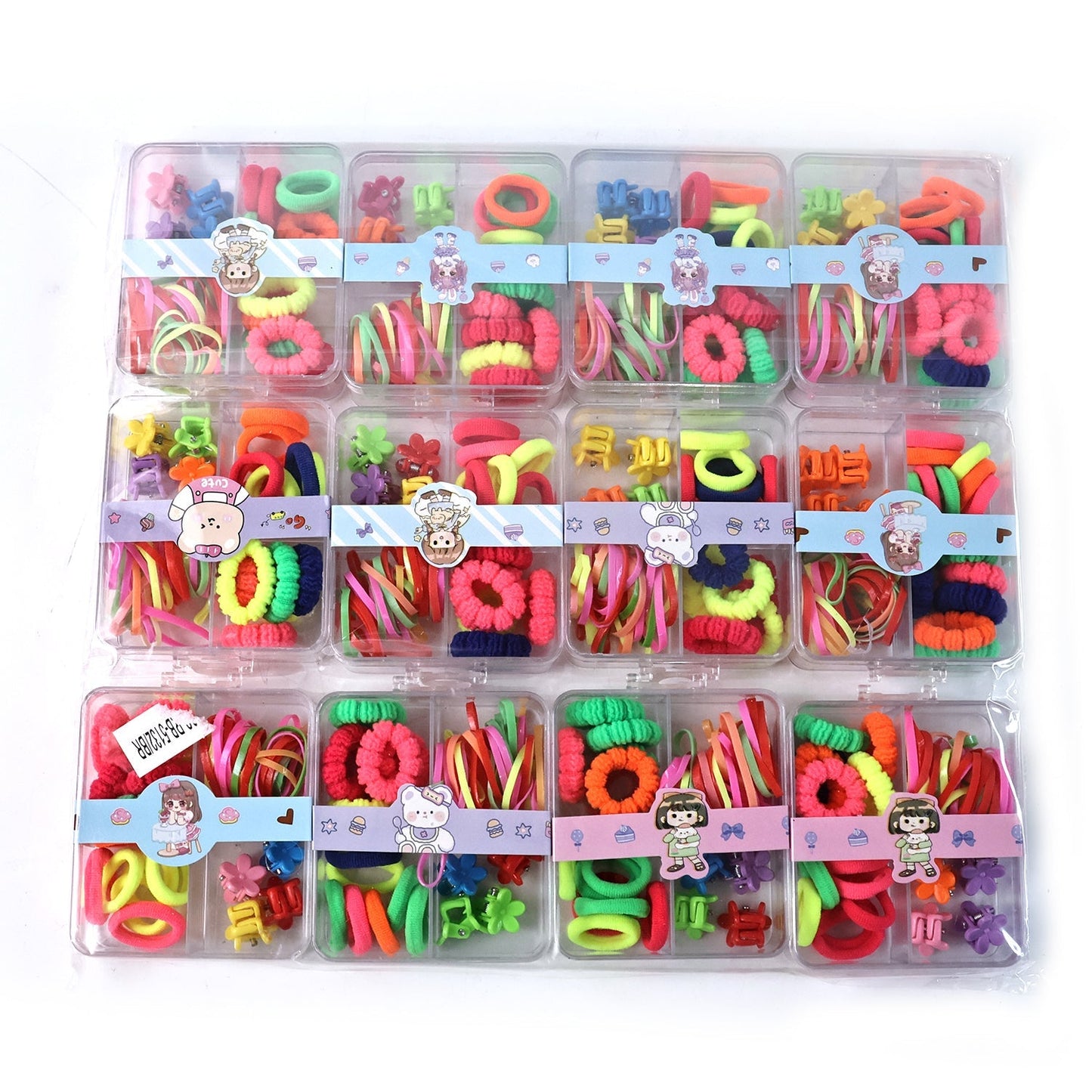 Selection of colourful rubber bands and plastic hair clips suitable for children's hairstyles.
