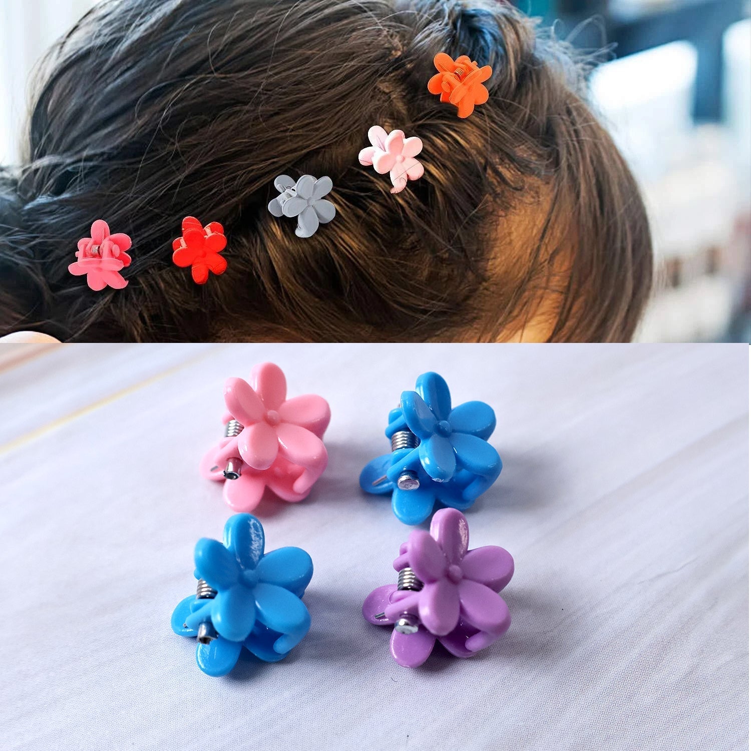 Transparent storage box filled with a colourful mix of elastic hair bands and small decorative clips.