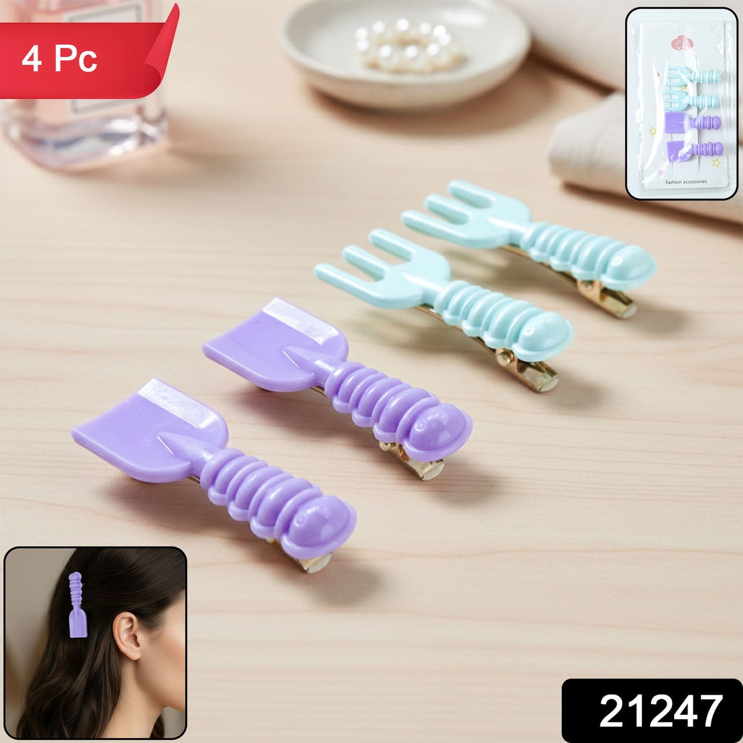 Close-up view of fork and spade design mini tool shape hair clips