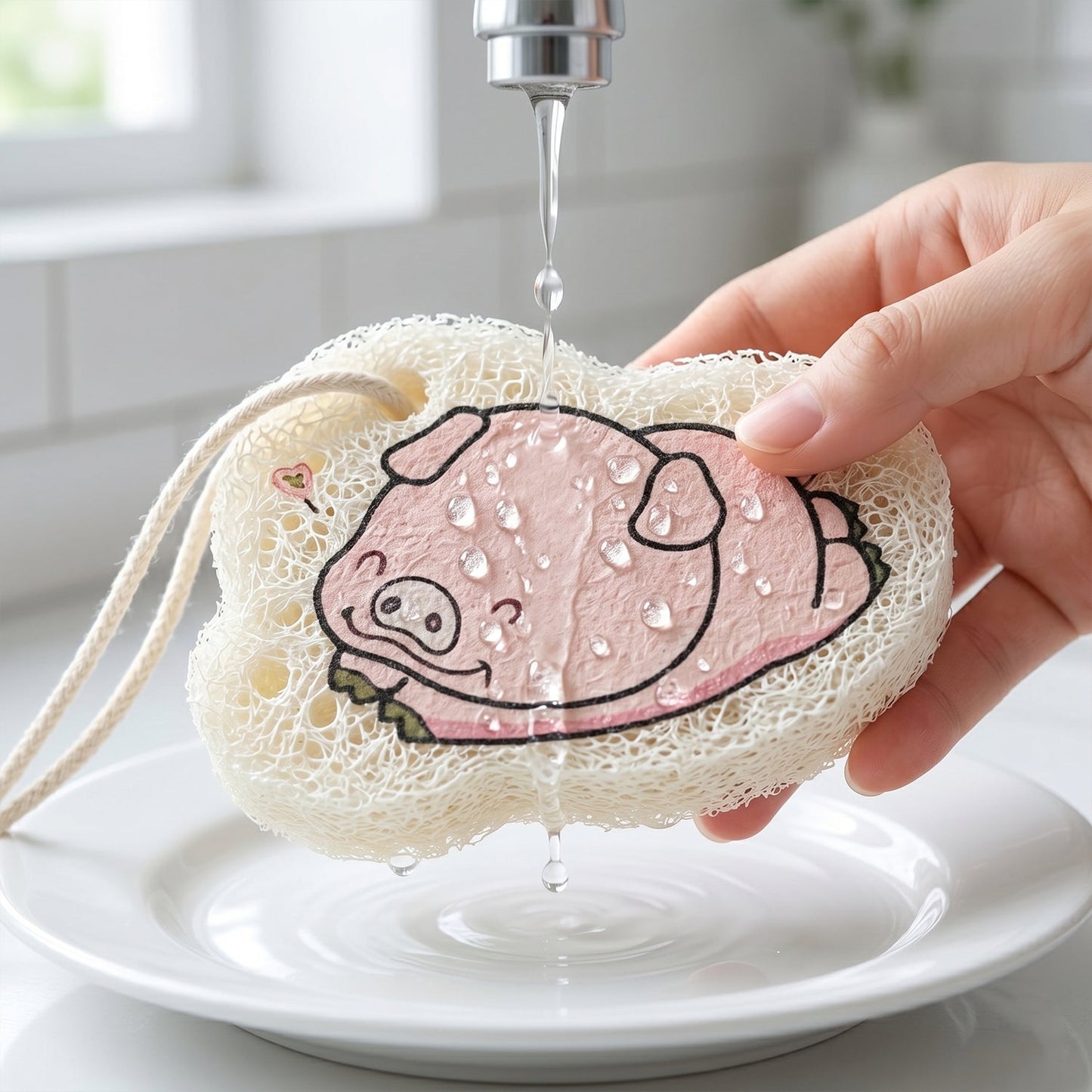 Textured surface of a cartoon bath scrubber sponge for gentle exfoliation.