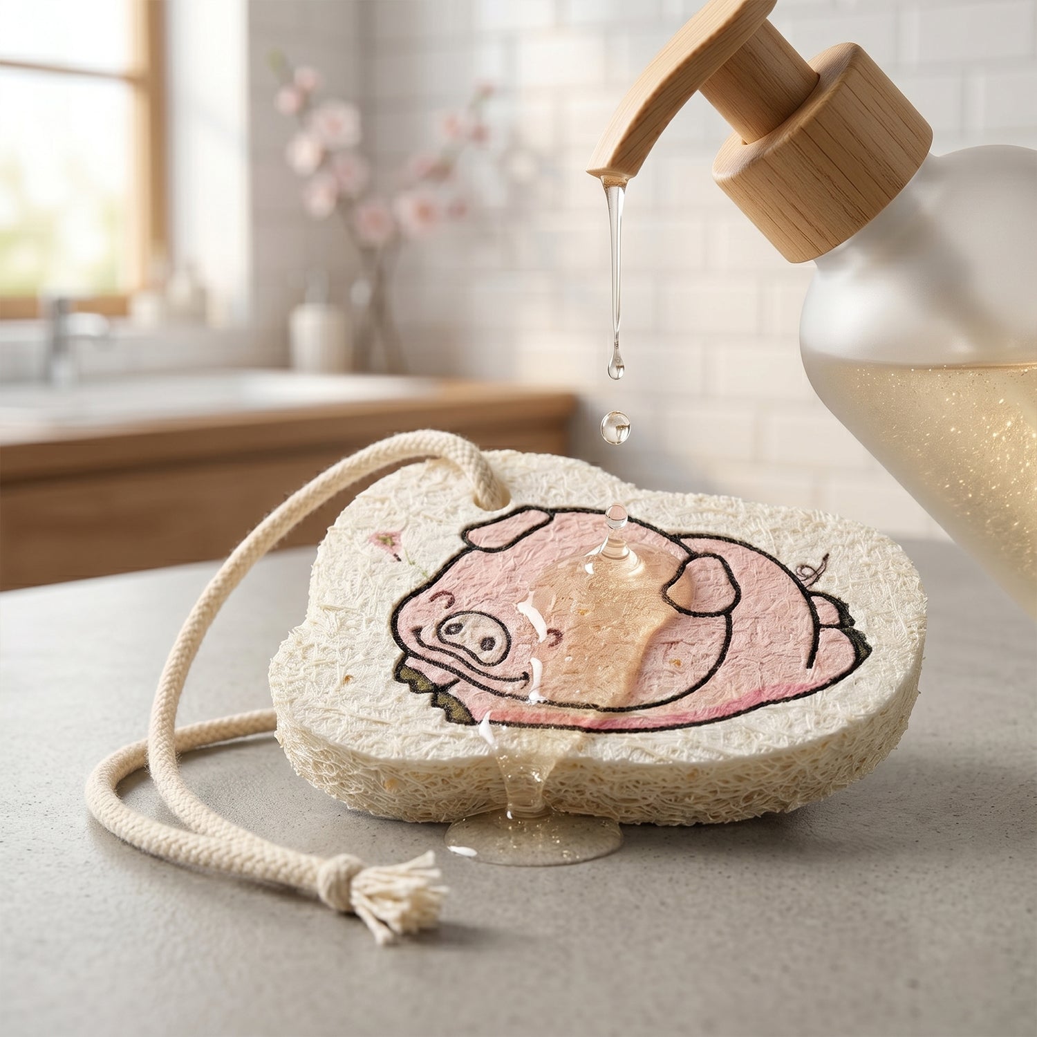 Playful cartoon design on a bath scrubber sponge, perfect for fun bath time.