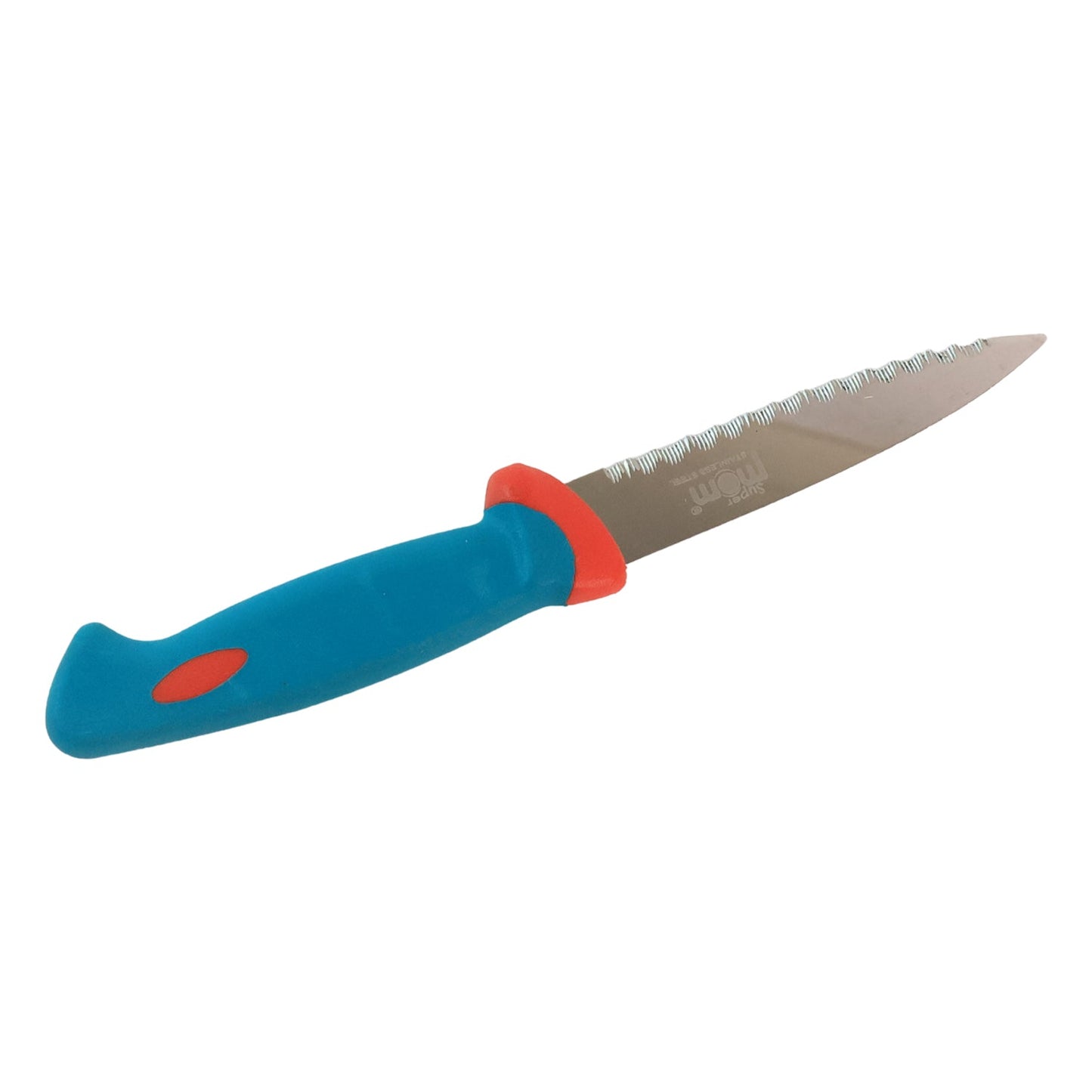 Closeup of the stainless steel paring knife blade and ergonomic handle