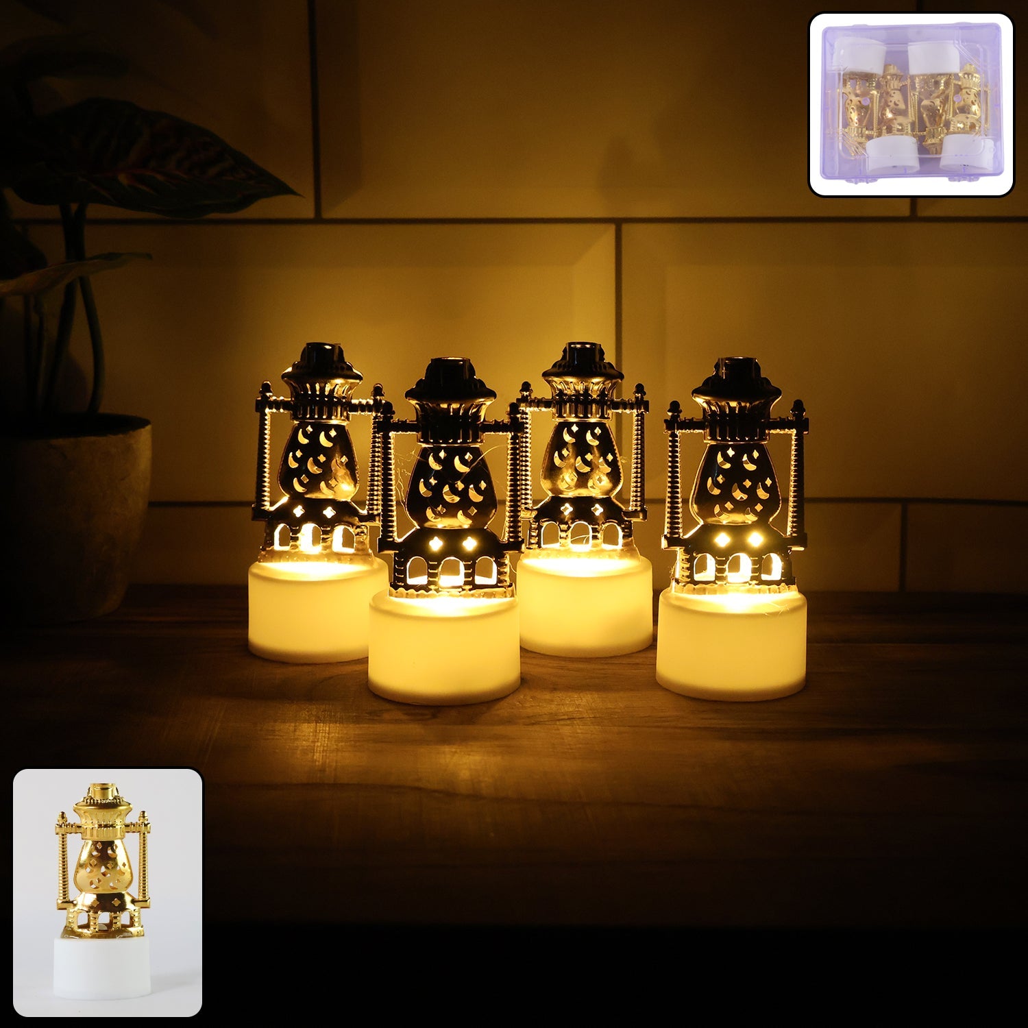Set of four flameless LED tealights in vintage lantern style, glowing warmly.