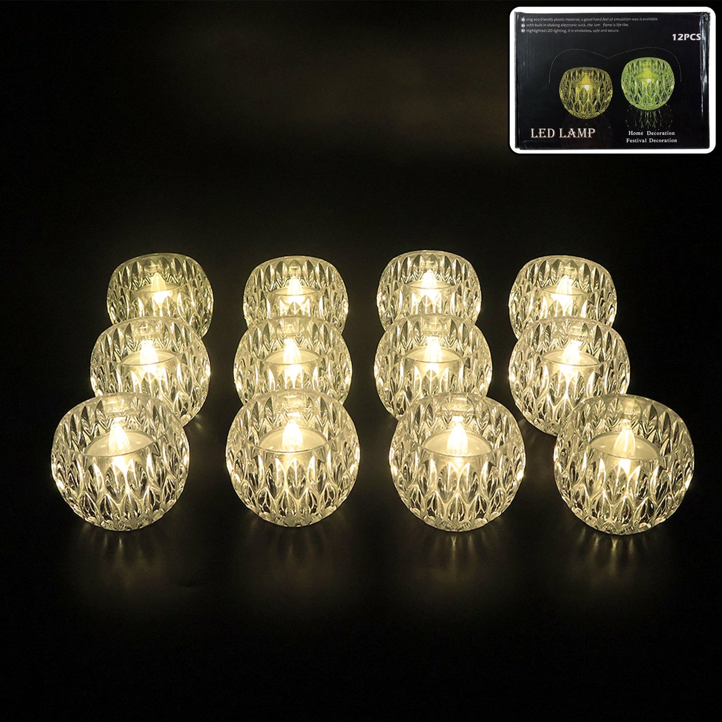 Set of 12 crystal style LED decorative lamps with warm yellow glow