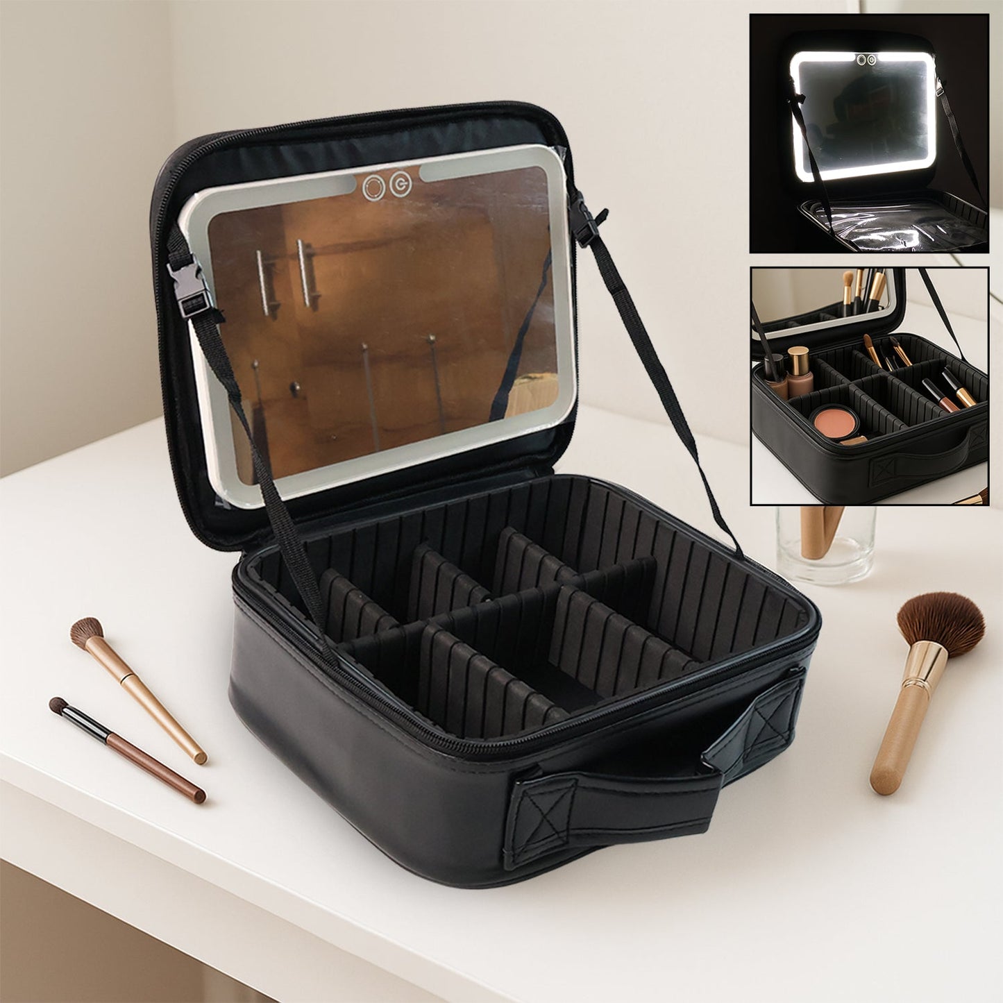 Black LED light makeup organizer box with touch sensor mirror and USB charging port
