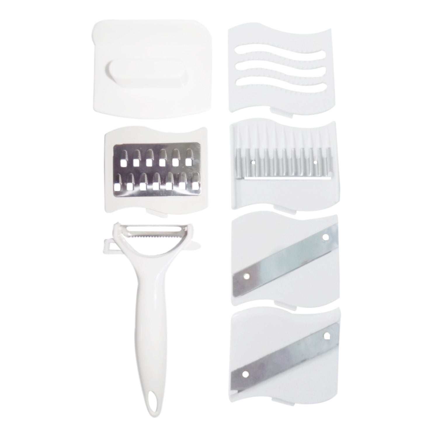 Various slicing and shredding options demonstrated by the 10-in-1 multi-functional vegetable cutter.