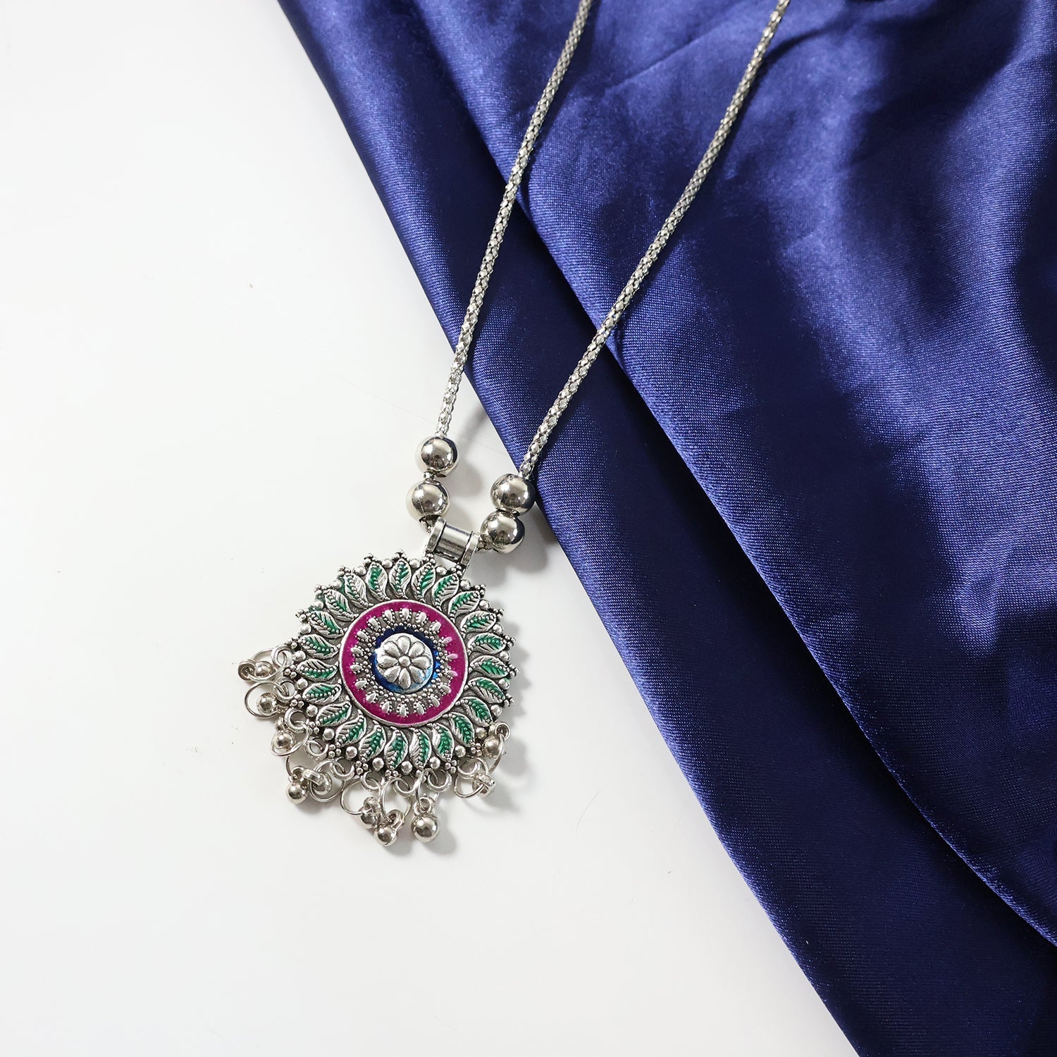 Indian-inspired oxidized silver necklace with floral mandala pendant and beaded chain