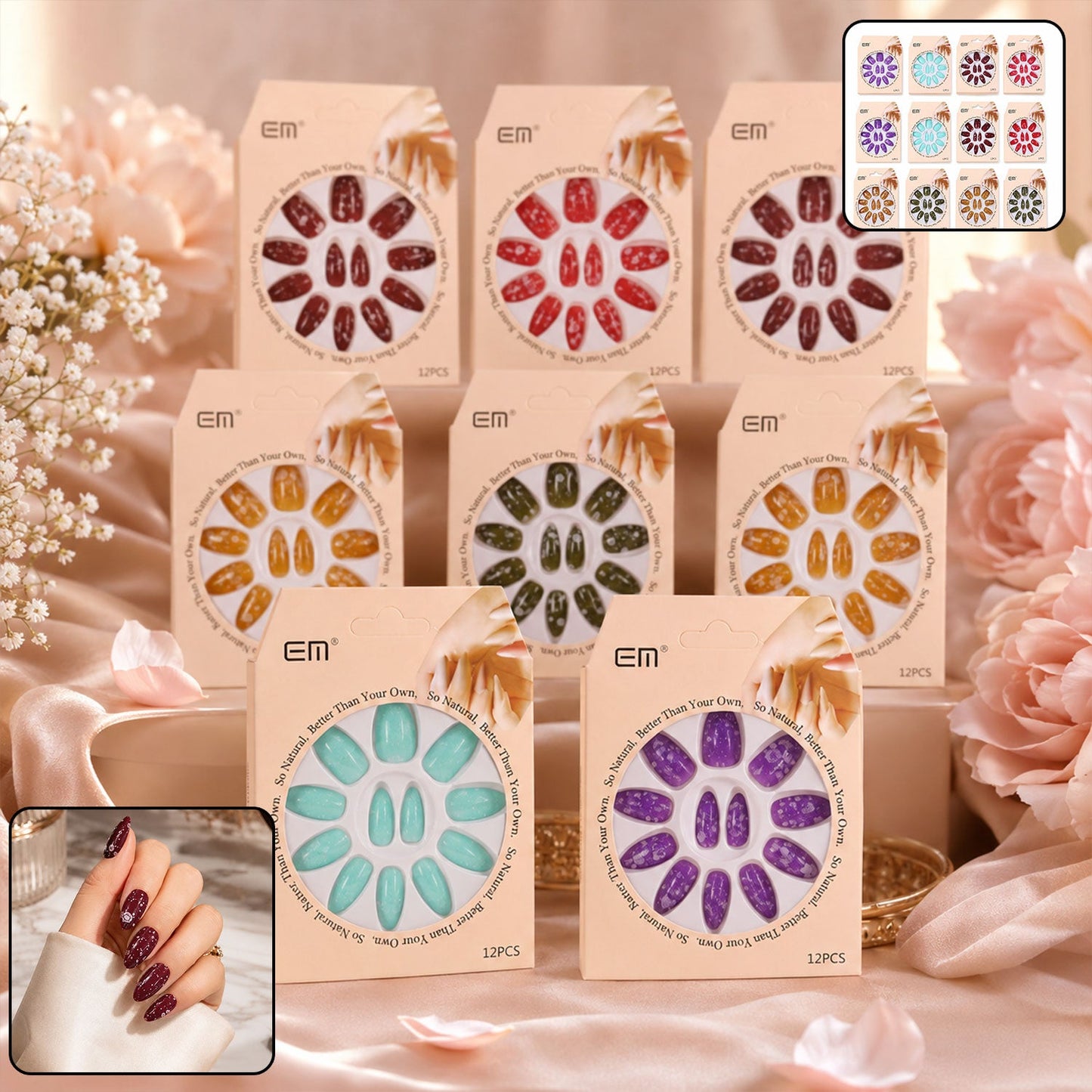 Assortment of long coffin press-on nails showcasing various 3D designs