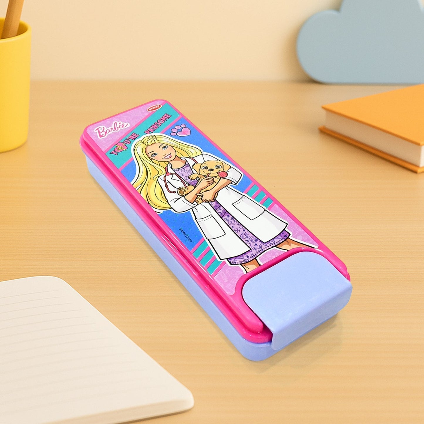 Close-up of durable hardtop cartoon pencil box for school use