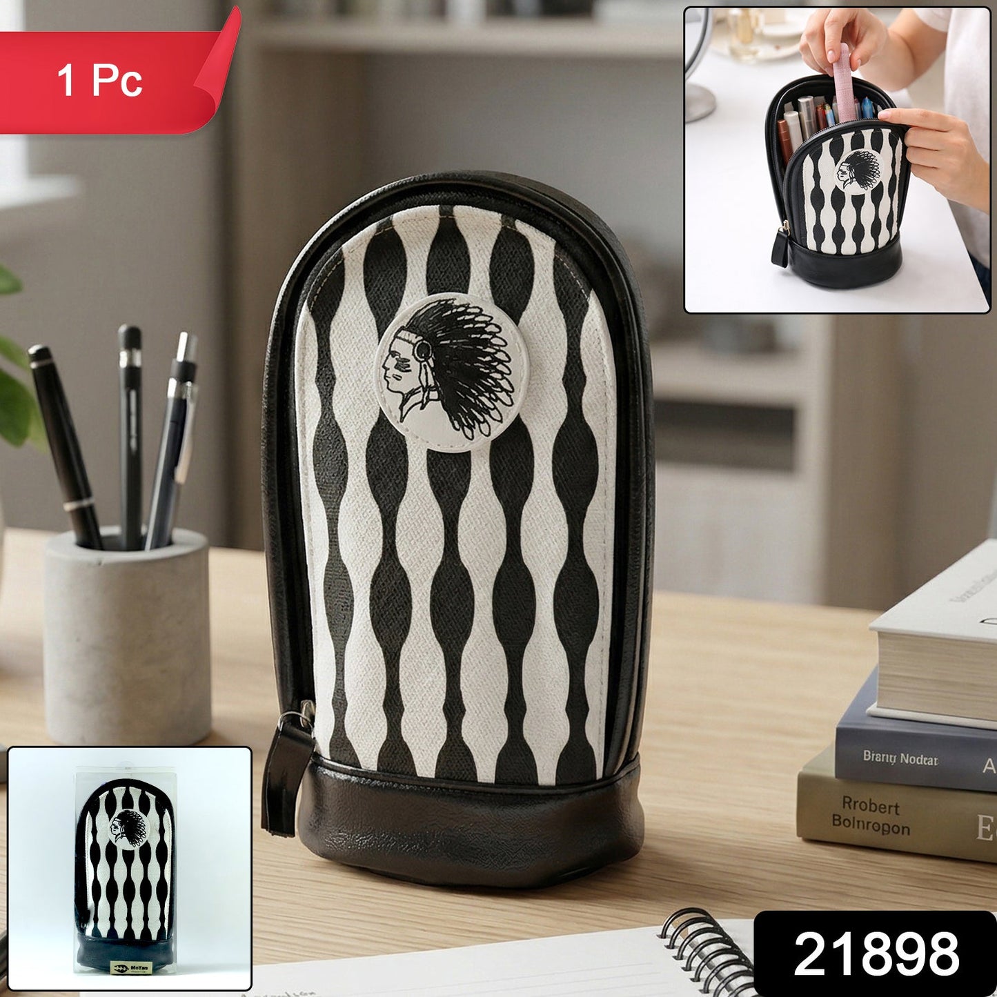 Standing upright pencil pouch on desk with sturdy base