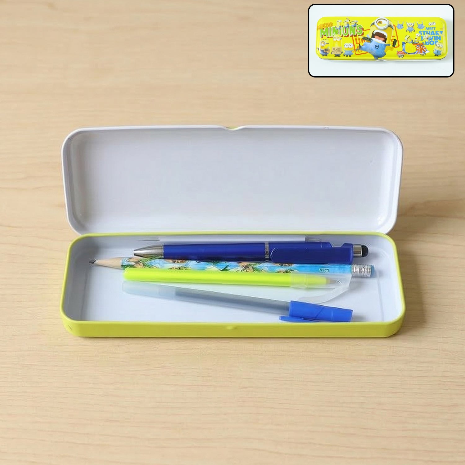 Cartoon metal pencil box with secure closure, stylish stationery storage