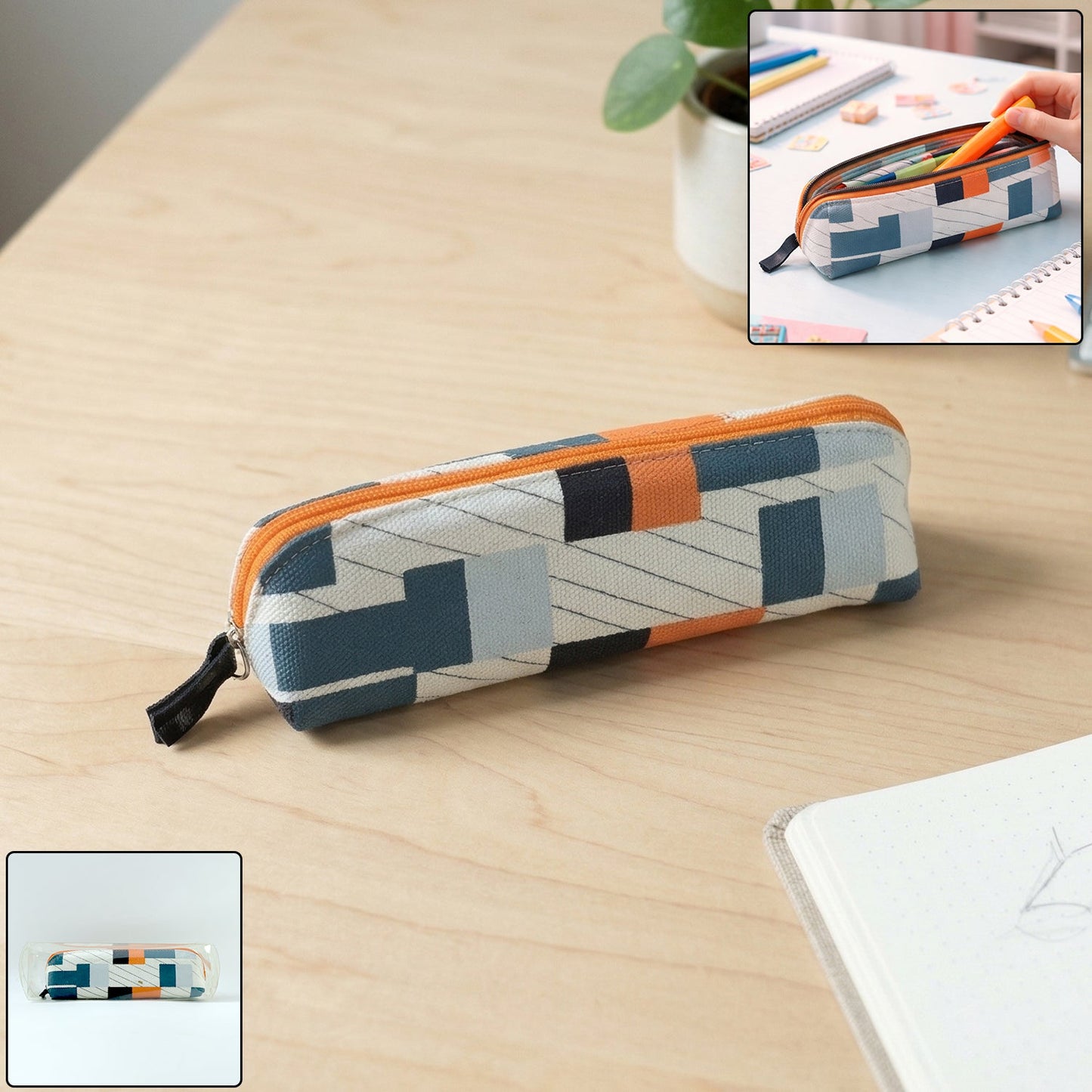 Closed designer fabric pencil pouch with zipper detail