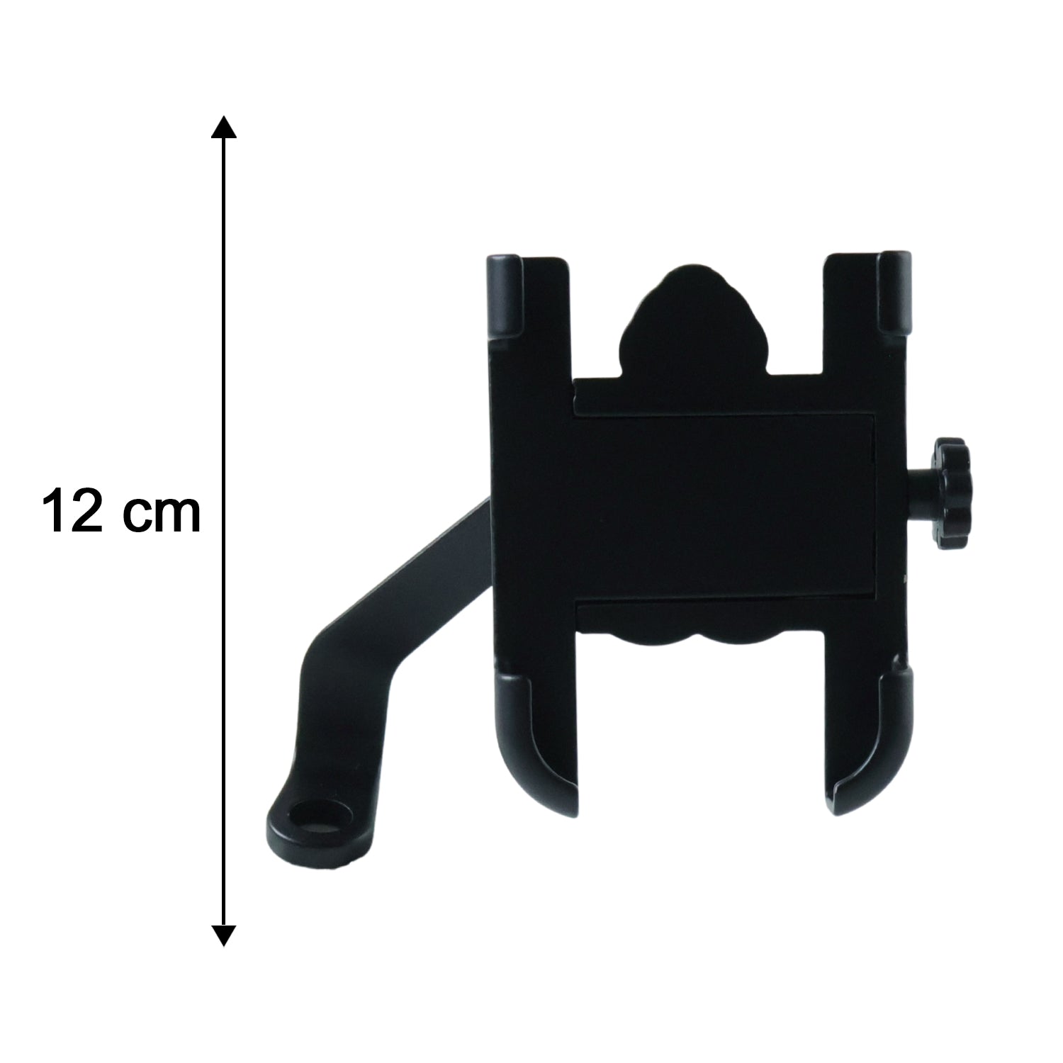Diagram illustrating the dimensions of the metal bike phone holder for universal smartphone compatibility.