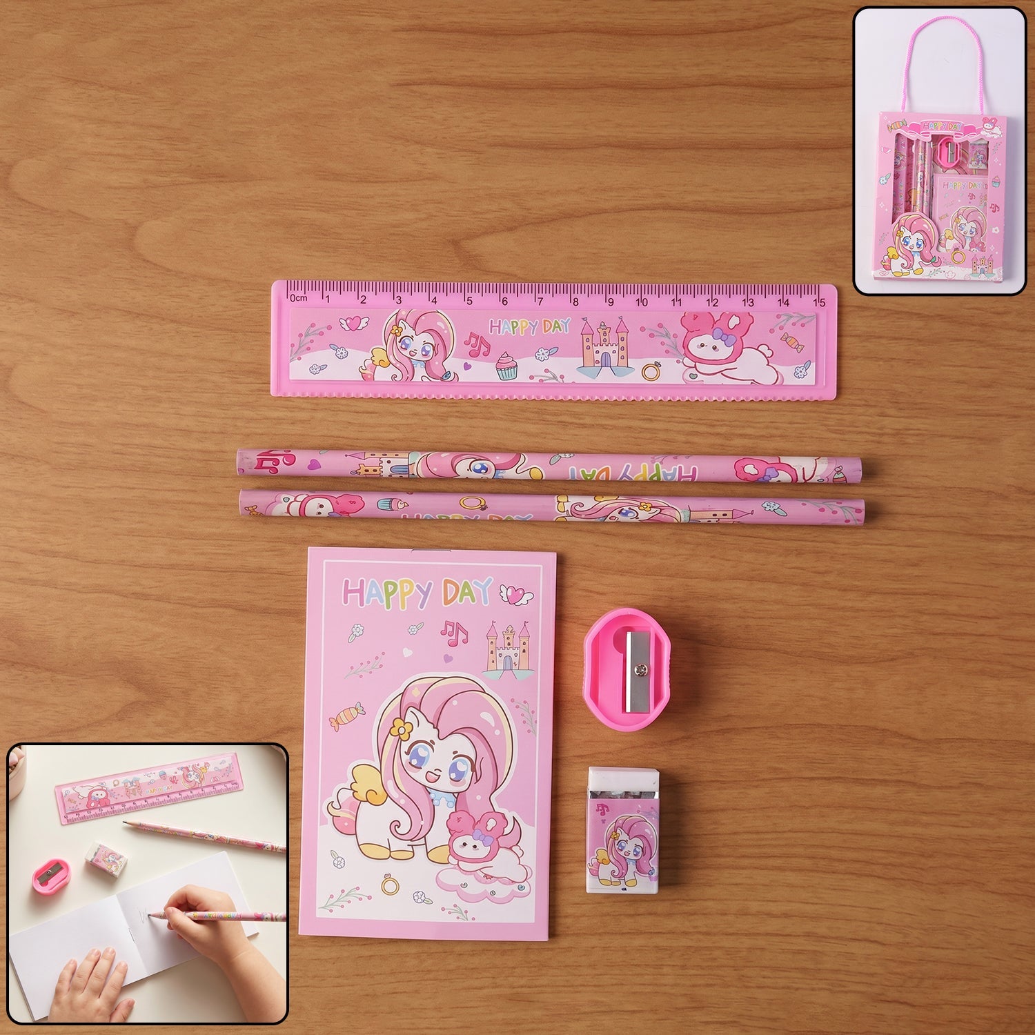 Cartoon unicorn stationery set with colorful school supplies