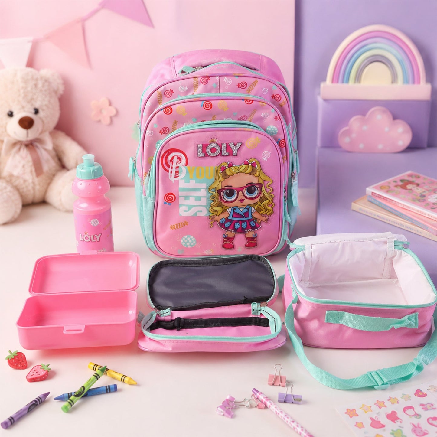 Pencil case and other accessories complementing the school bag set.