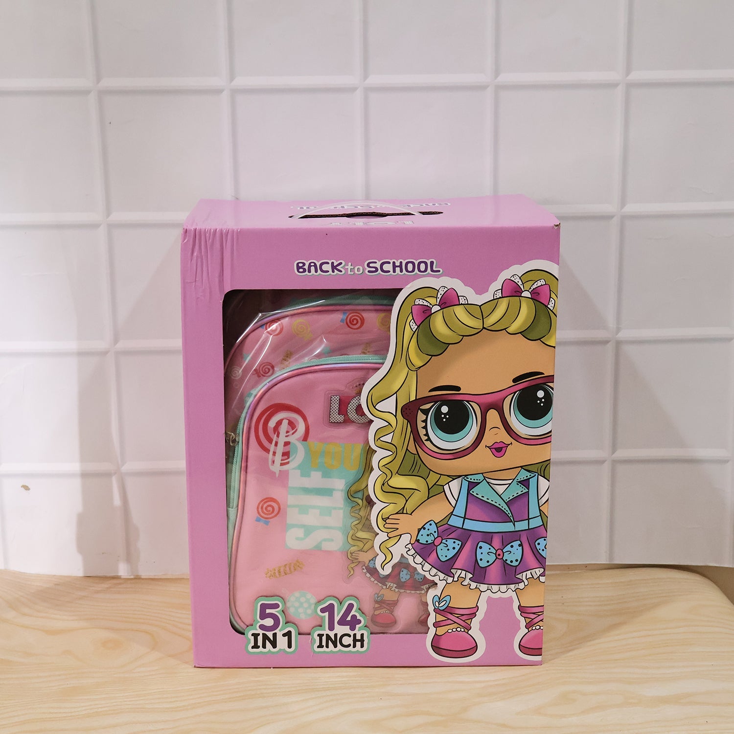 Side view of the complete pink Kids School Bag Set, ready for daily use.