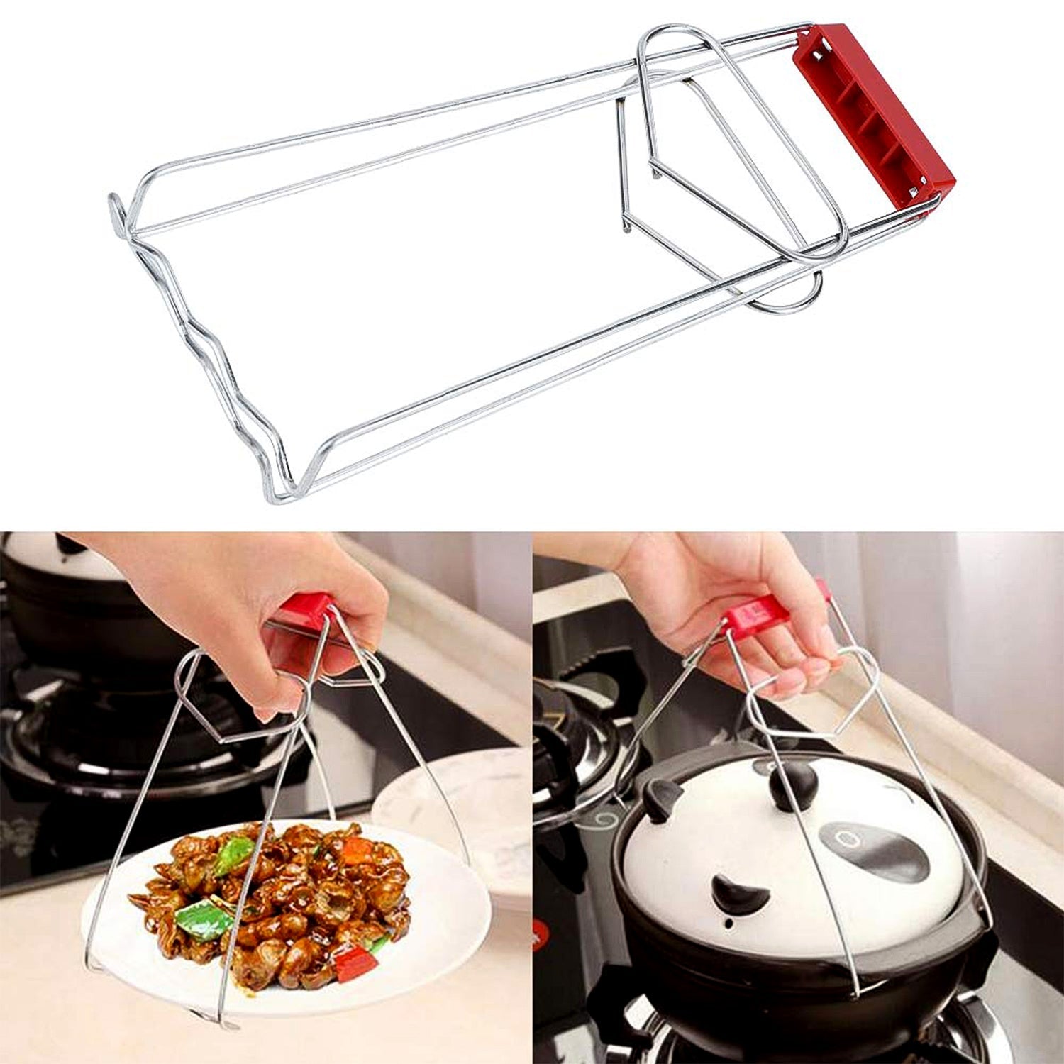 Hot cookware being safely held by vessel gripper tong with heat-resistant handle